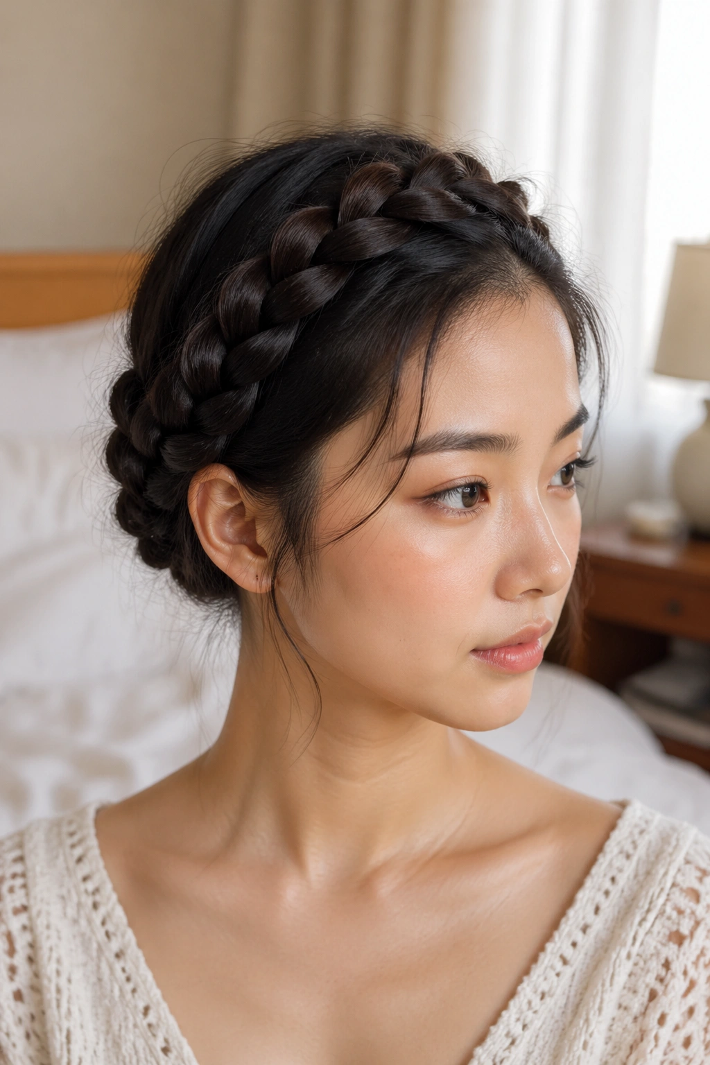Close-up of crown braid forming a halo around a real woman's head in warm window light