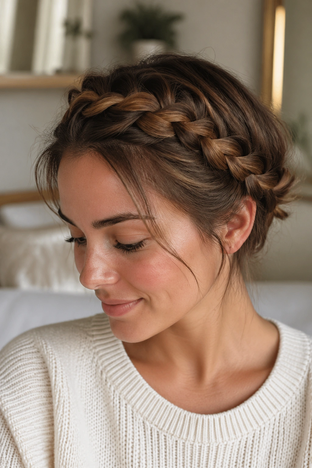 Close-up portrait of a real woman wearing a crown braid, head-and-shoulders in soft bedroom light