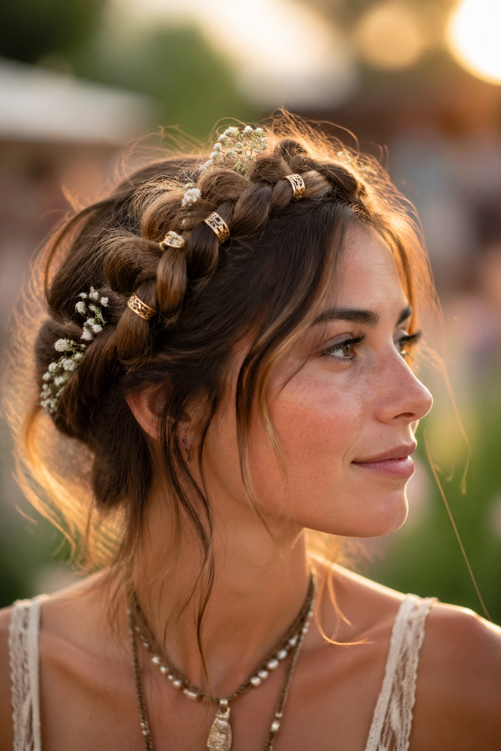 Close-up of real woman with crown braid and tiny flowers