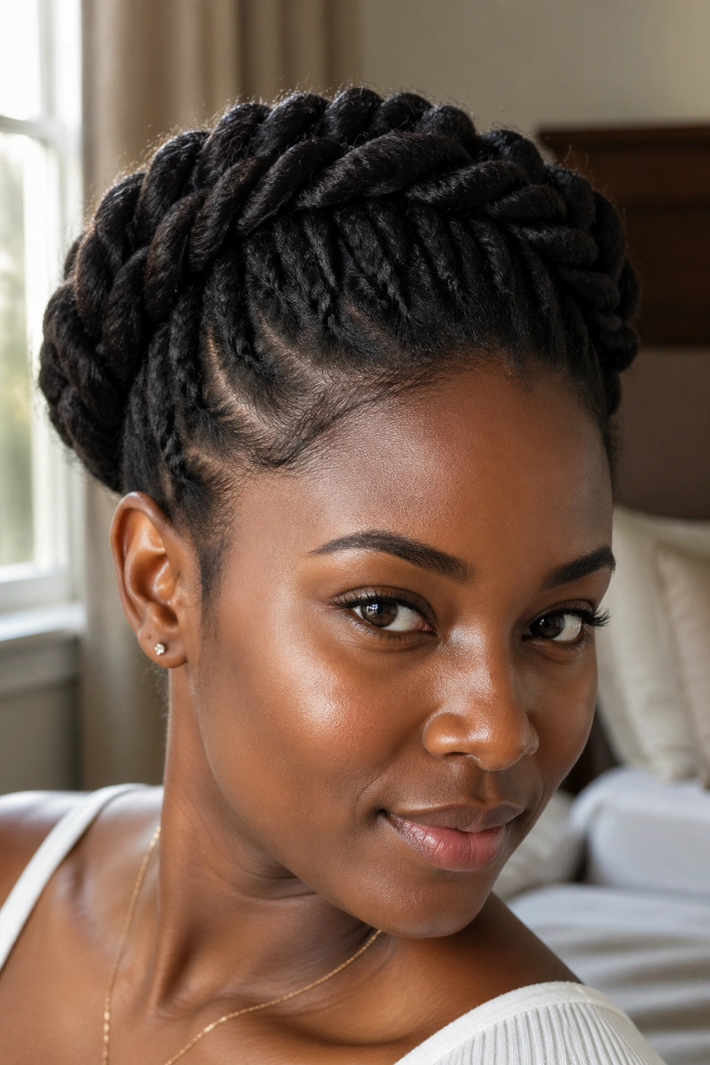 Close-up of a real woman with a high crown Dutch rope braid under warm window light.