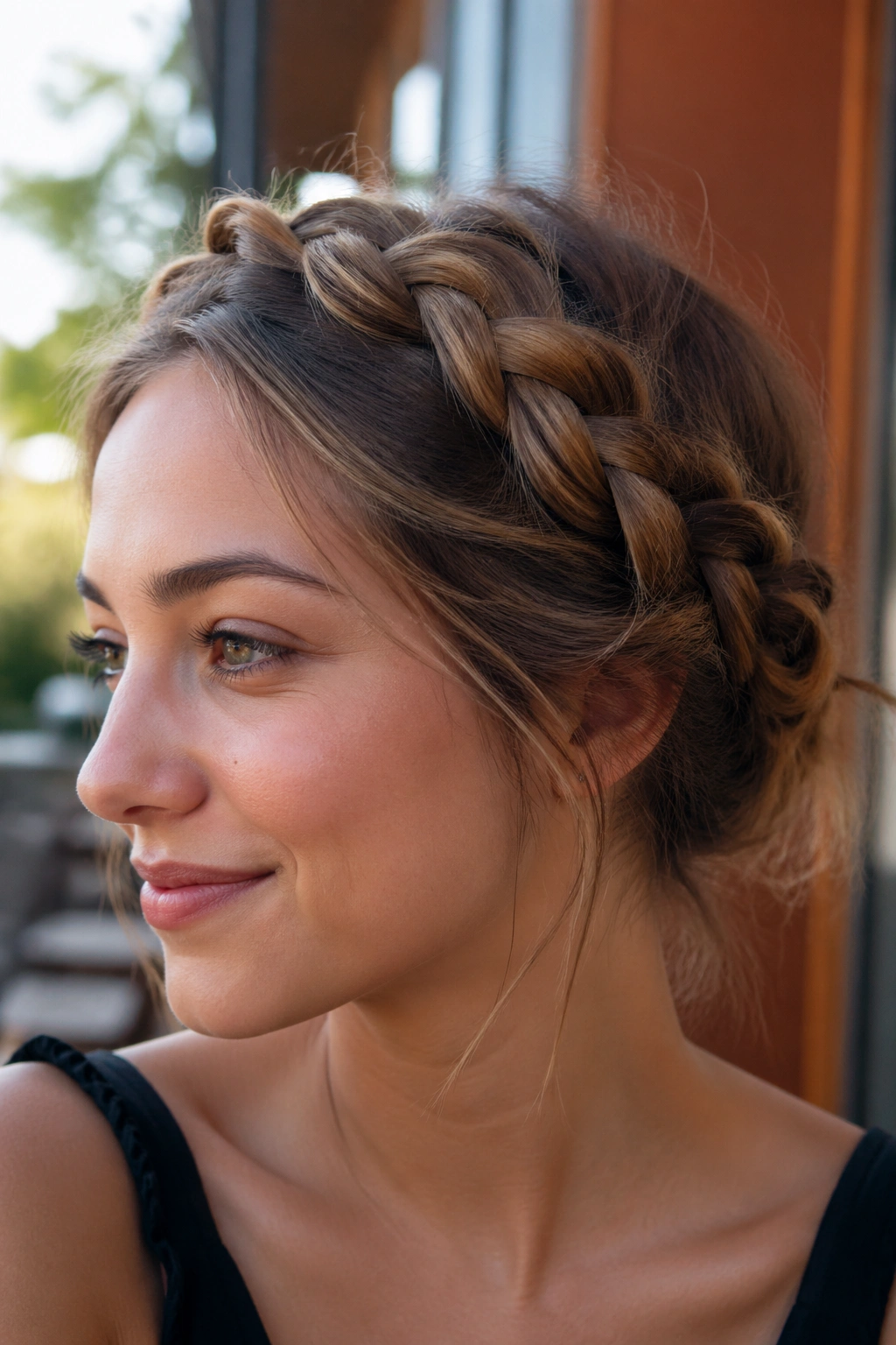 Close-up of a real woman wearing a crown braid with soft ends around the head