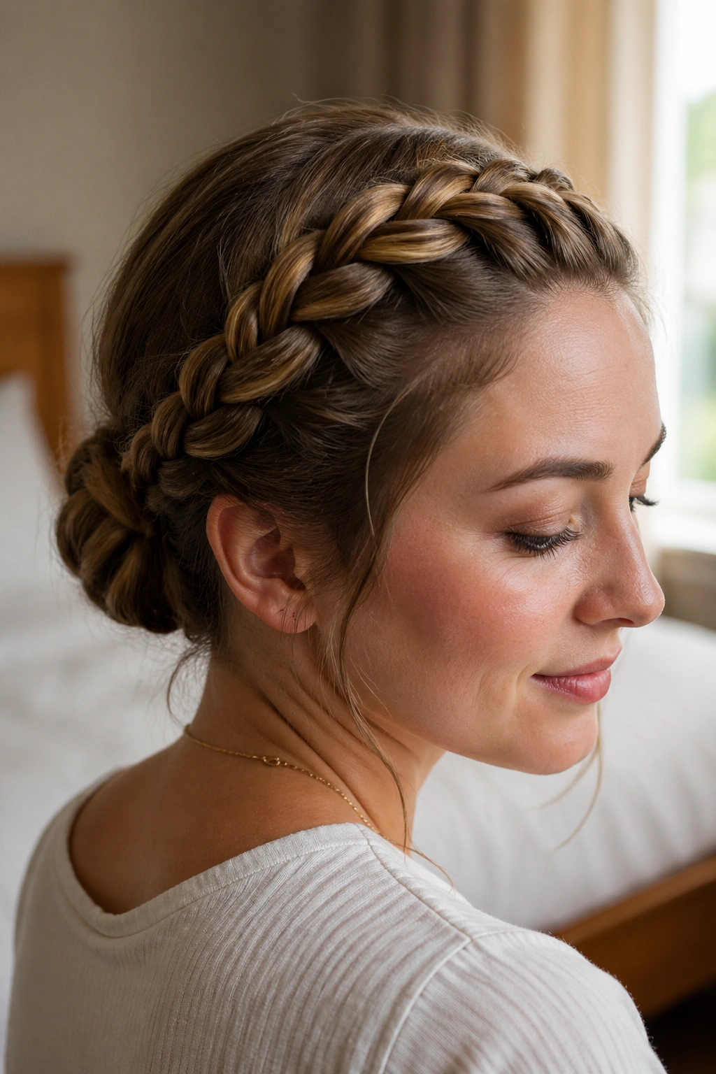Close-up of a real woman with a snug crown braid and tucked bun at the nape