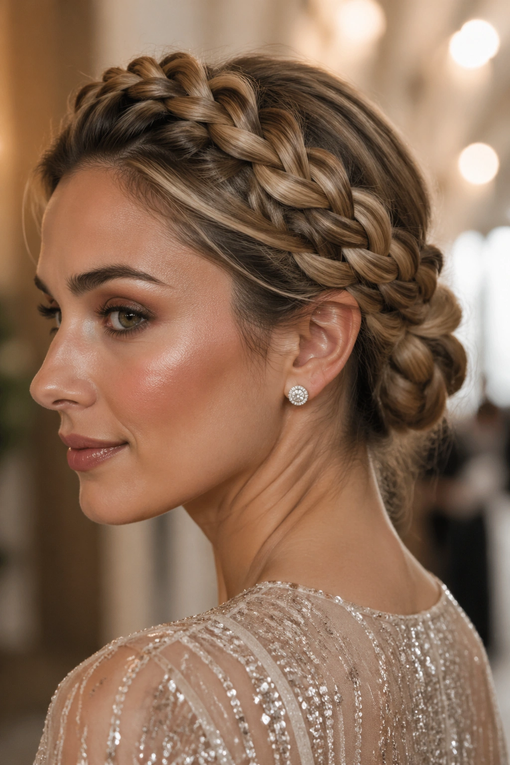 Close-up of a real woman with crown braid and tucked nape bun
