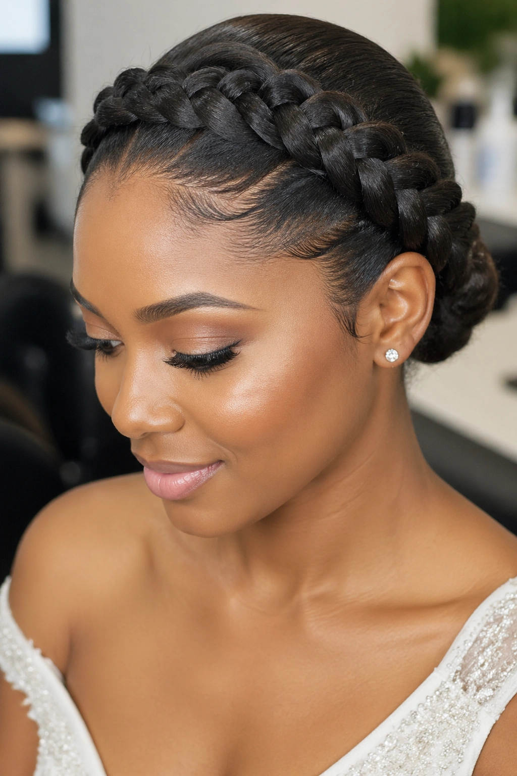 Close-up of a real woman with a crown braid and tucked ends, creating a refined silhouette.