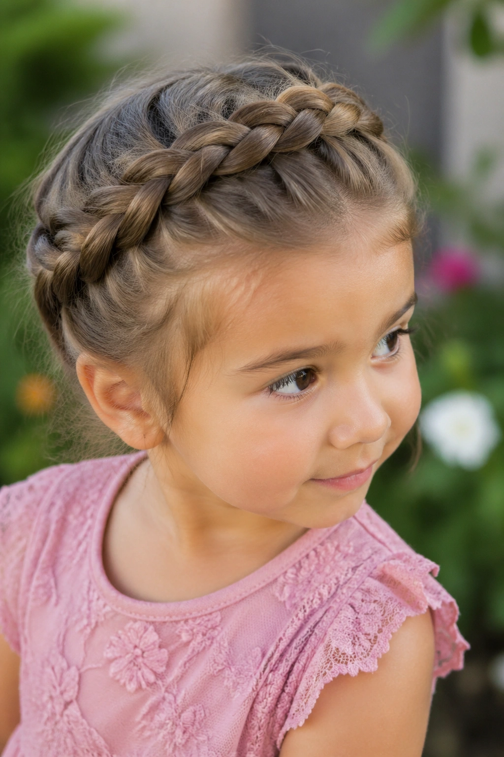 Close-up of a toddler girl wearing a crown braid with tucked finish in natural daylight