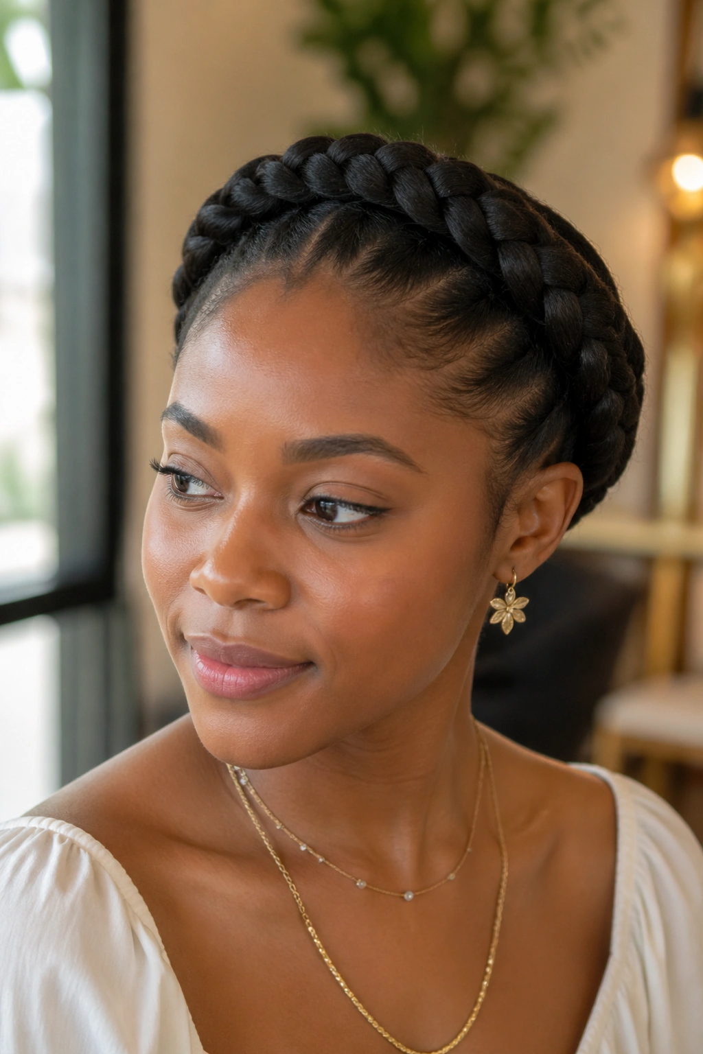 Close-up of a real woman with a crown braid updo encircling her head.