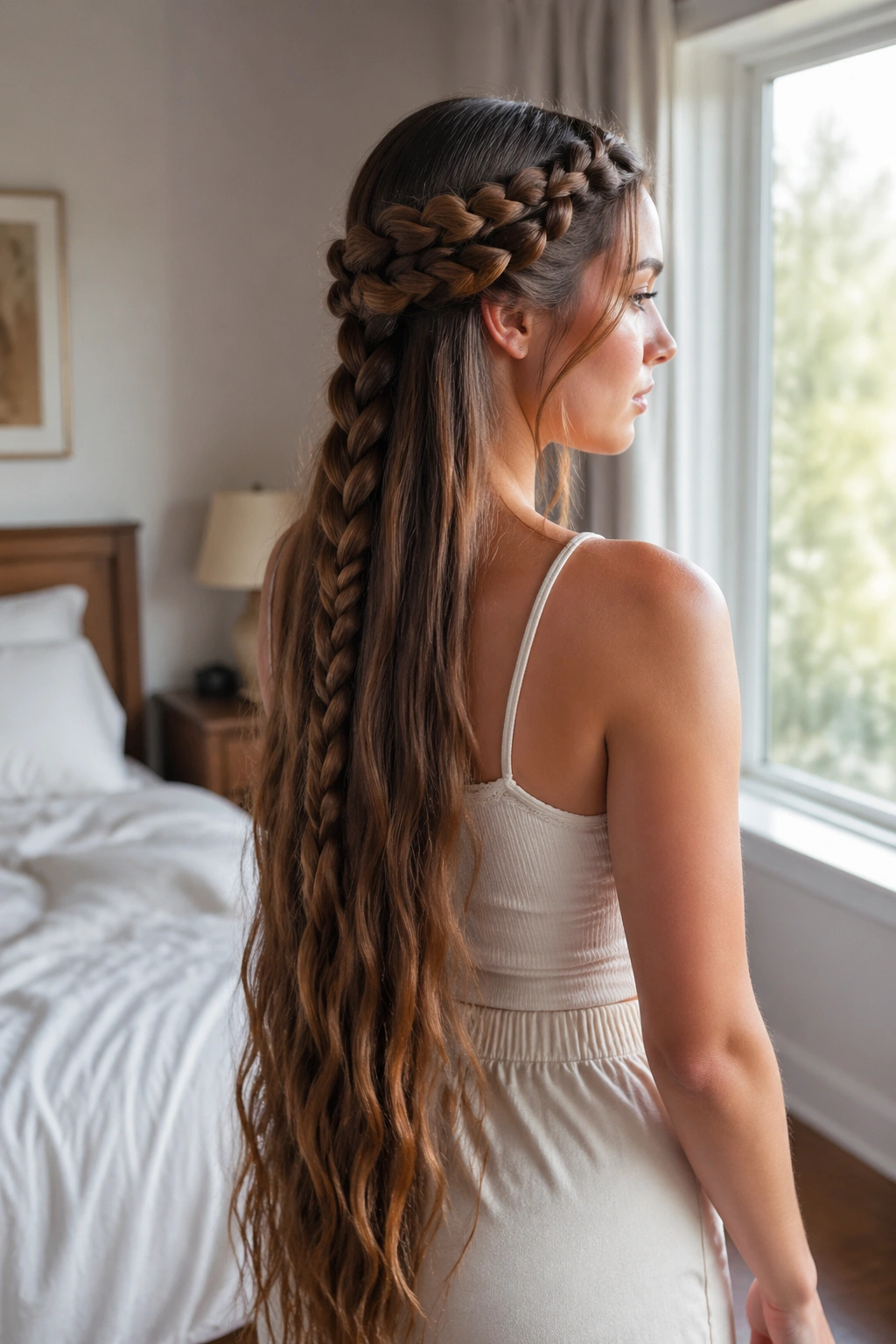 Close-up of a real woman's crown braid with long hair cascading down the back.