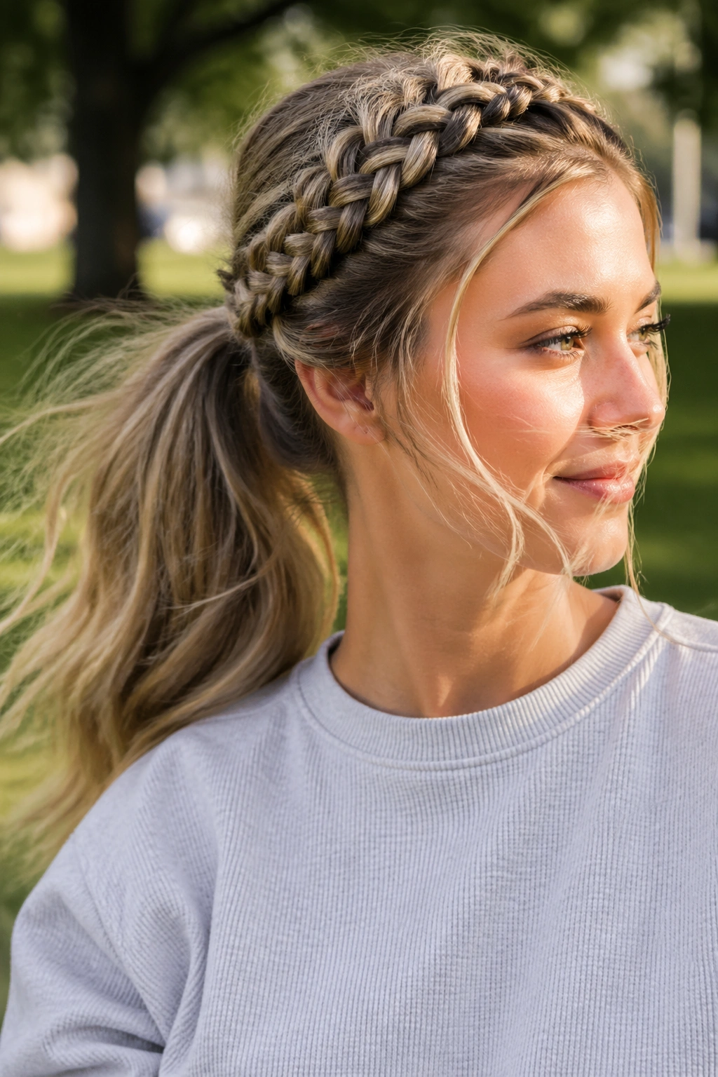 Real woman with crown-braided butterfly ponytail outdoors on a windy day