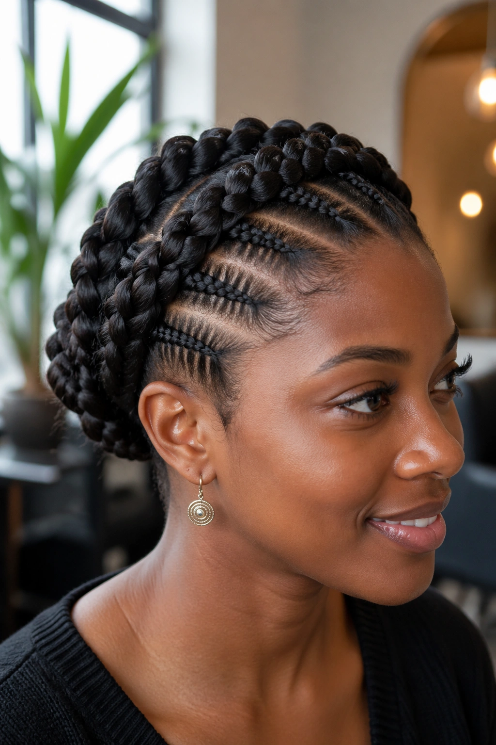 Close-up portrait of a real person with crown braids around the head.
