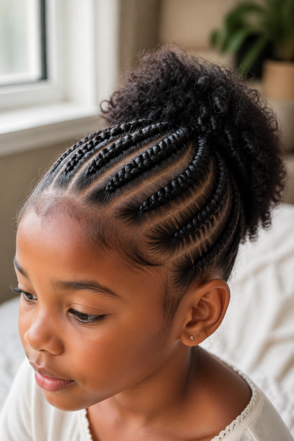 Close-up of child wearing low-tension crown braids with crochet puff