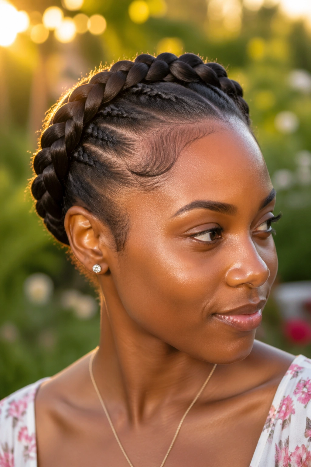Close-up of crown braids circling the hairline on a real person