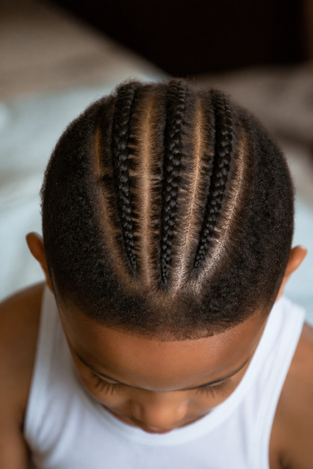 Close-up crown area with three slim braids across the head on a real child
