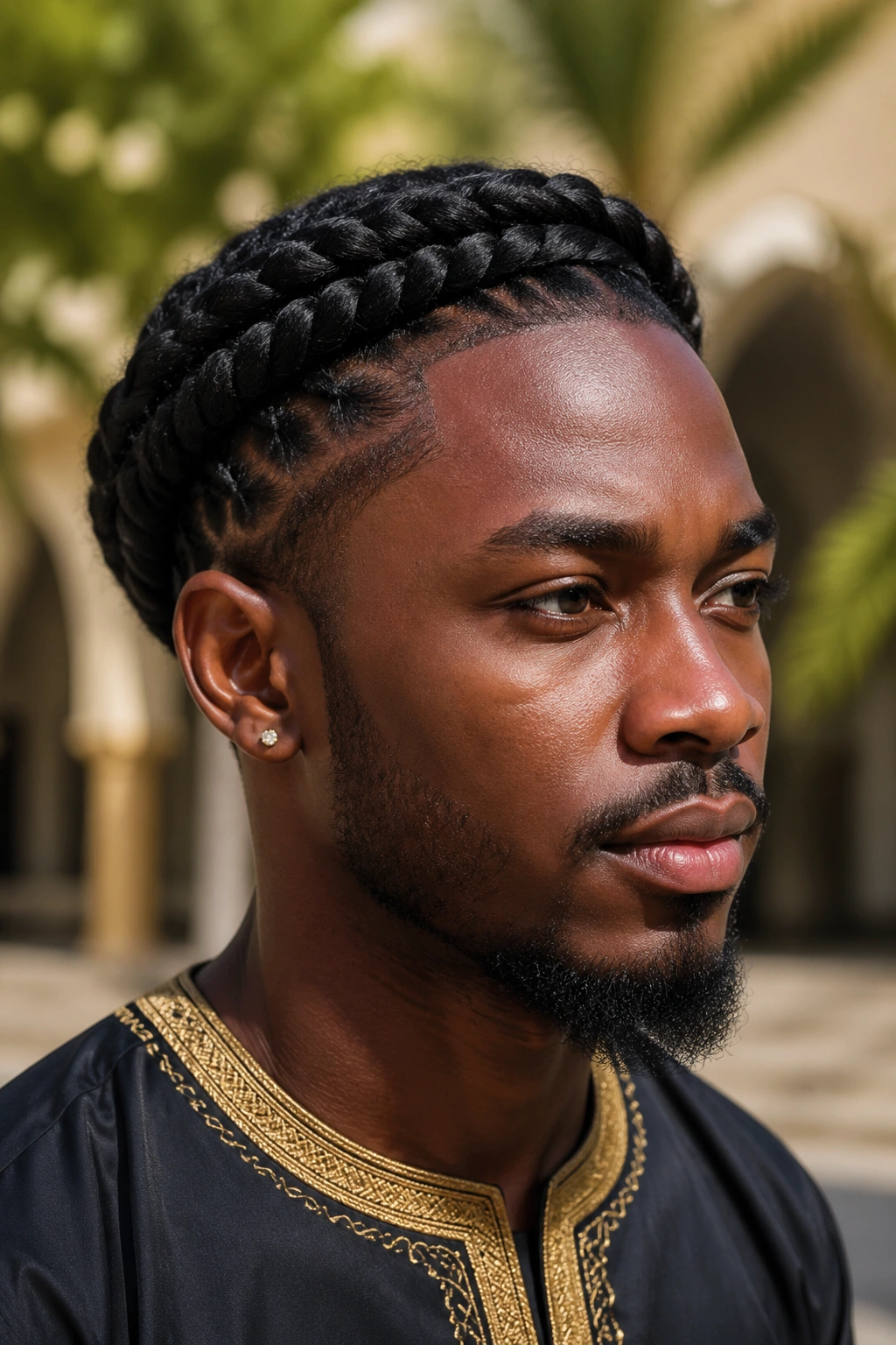 Close-up of a man wearing crown braids circling the head