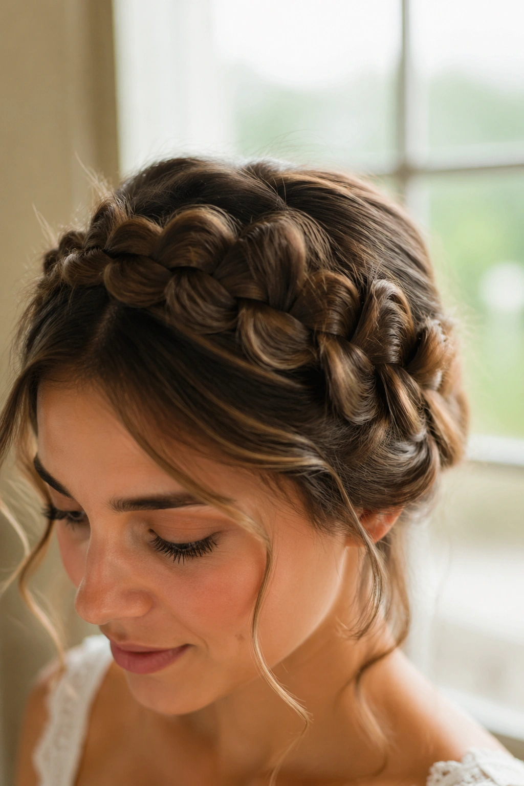 Close-up of a real person wearing a crown bubble braid around the head