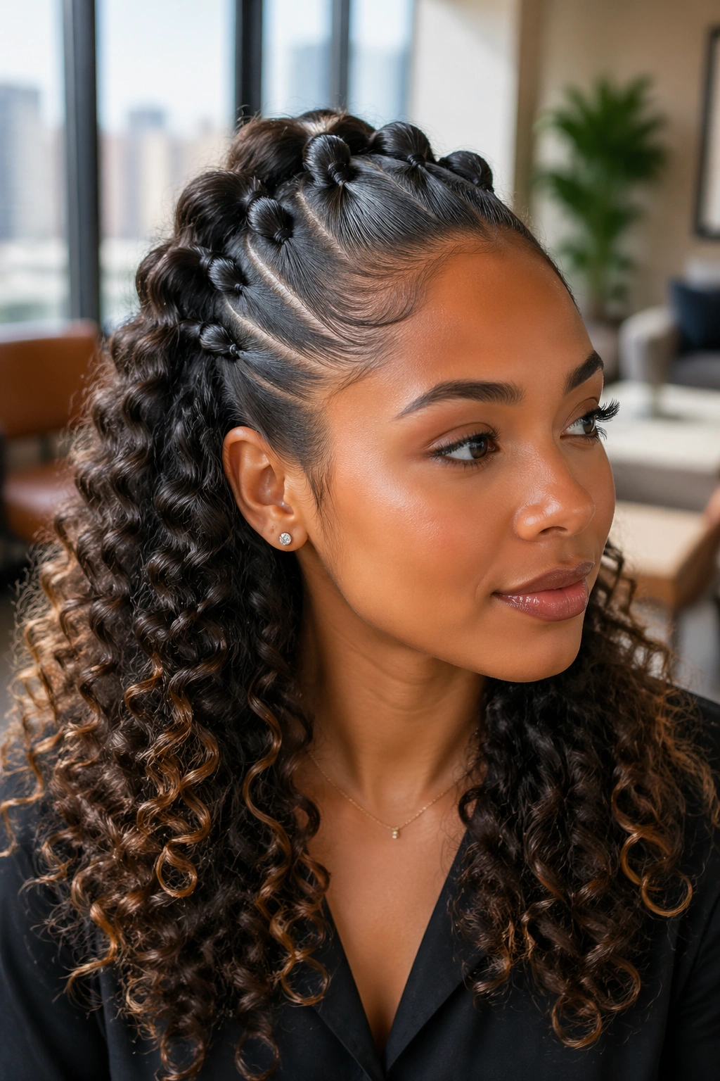 Close-up portrait of a real woman with Sleek Crown Bubble Half-Up hairstyle featuring a neat crown and loose curly lengths