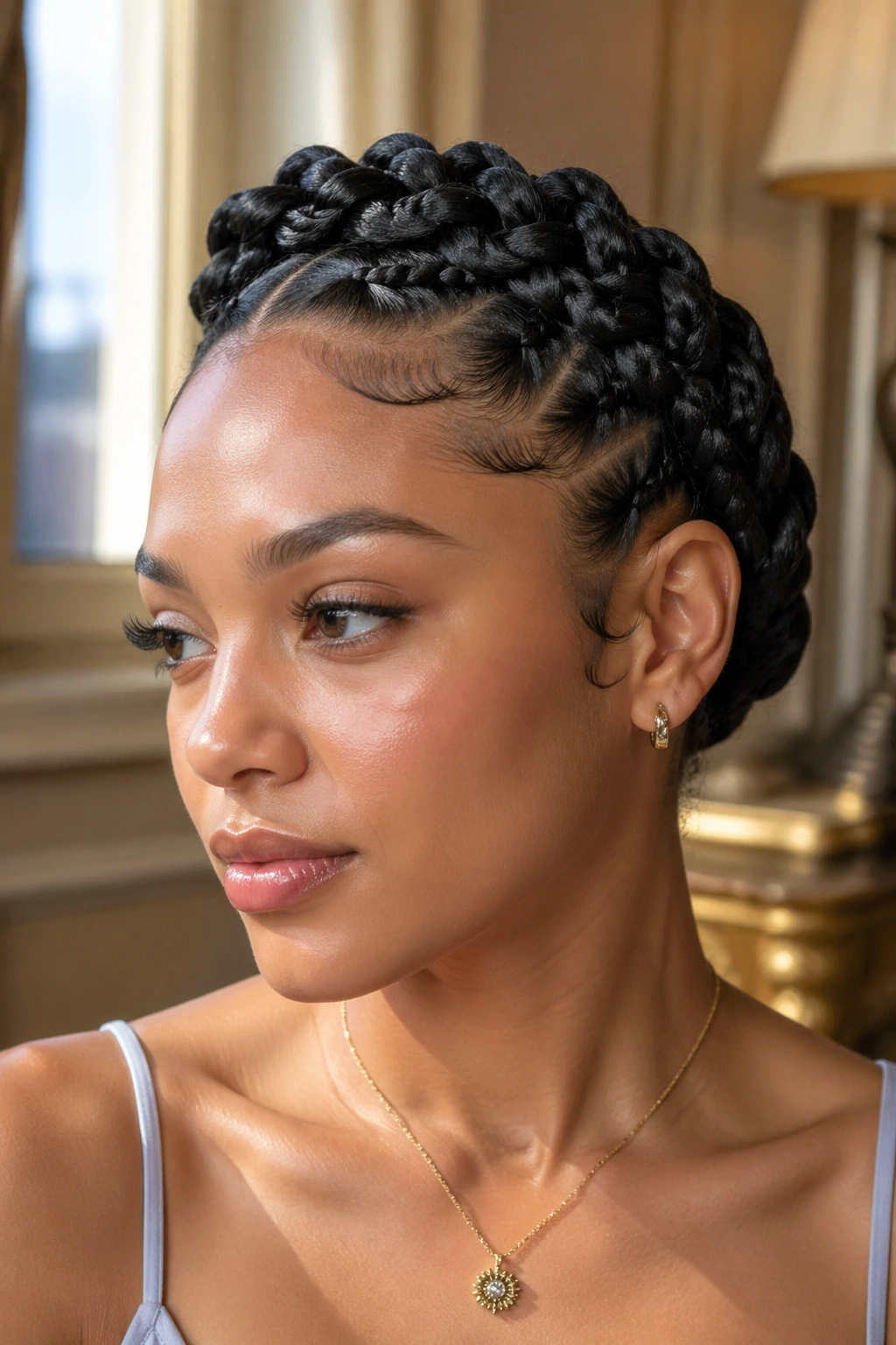 Real woman wearing crown butterfly braids swept across the head
