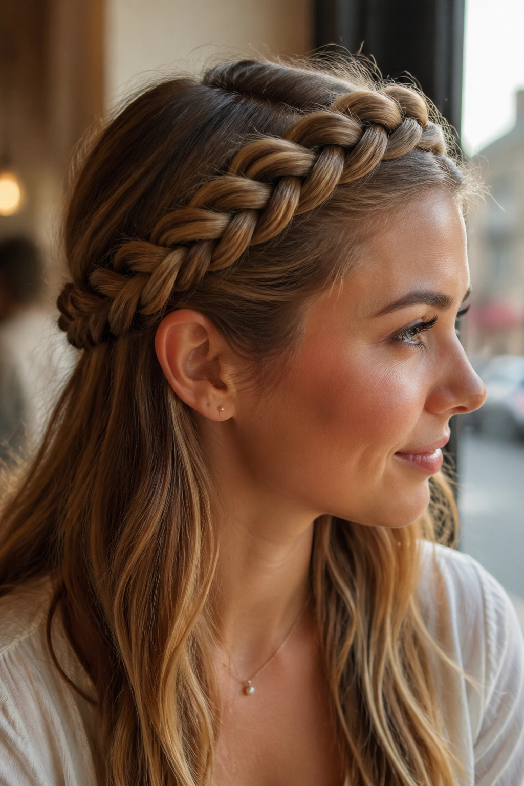 Close-up of real woman's head with a crown dragon braid wrapped around the head