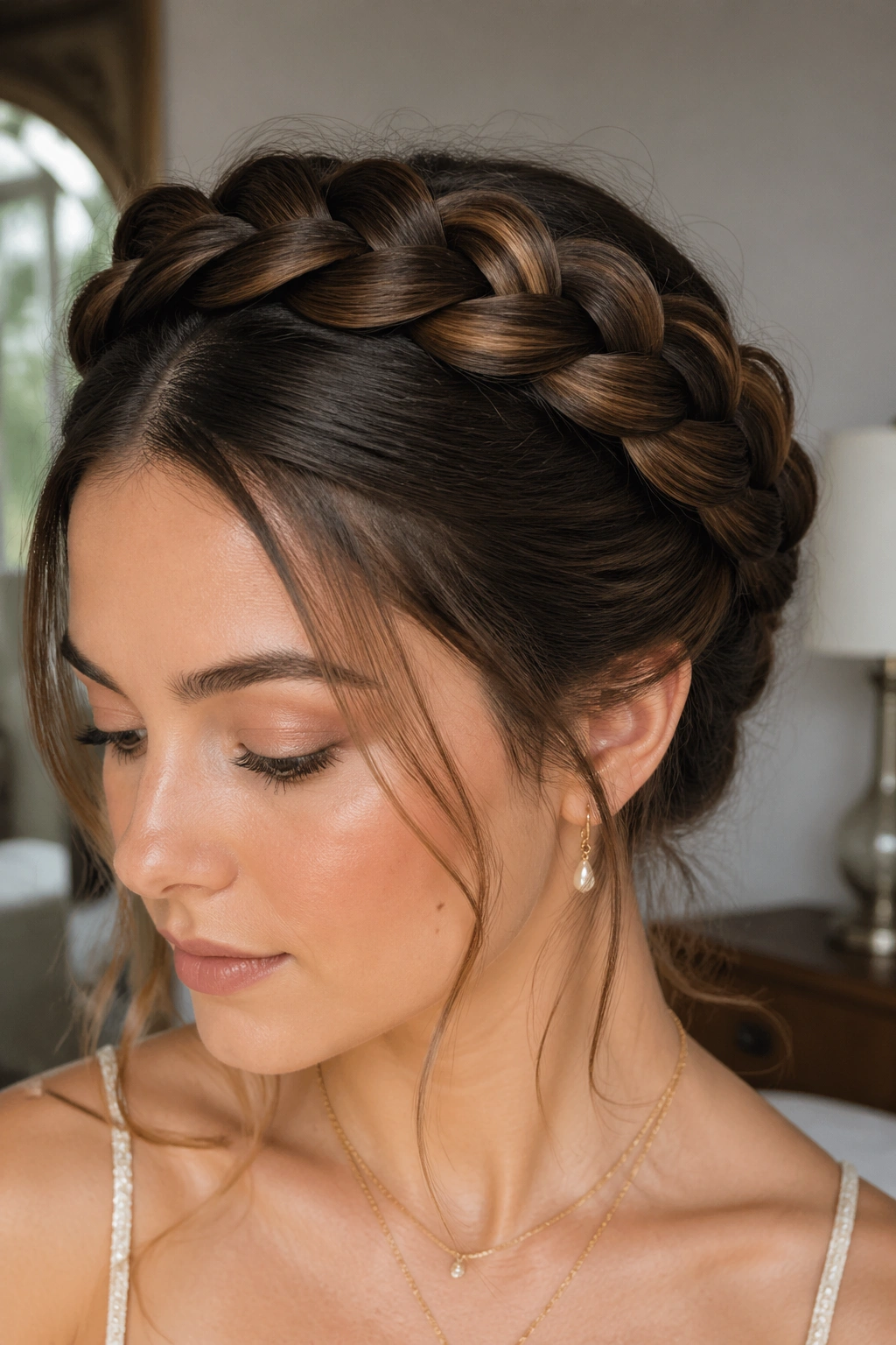 Close-up portrait of Crown Dragon Braid halo hairstyle on a real woman