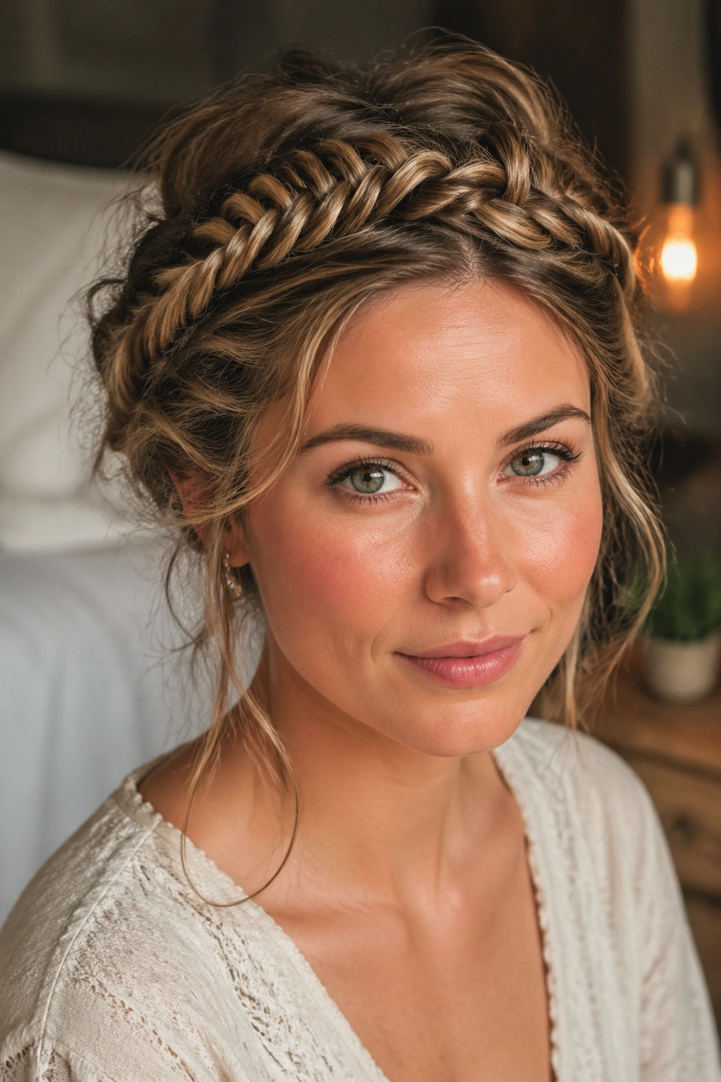 Close-up of a real woman wearing a crown-style messy fishtail braid around her head