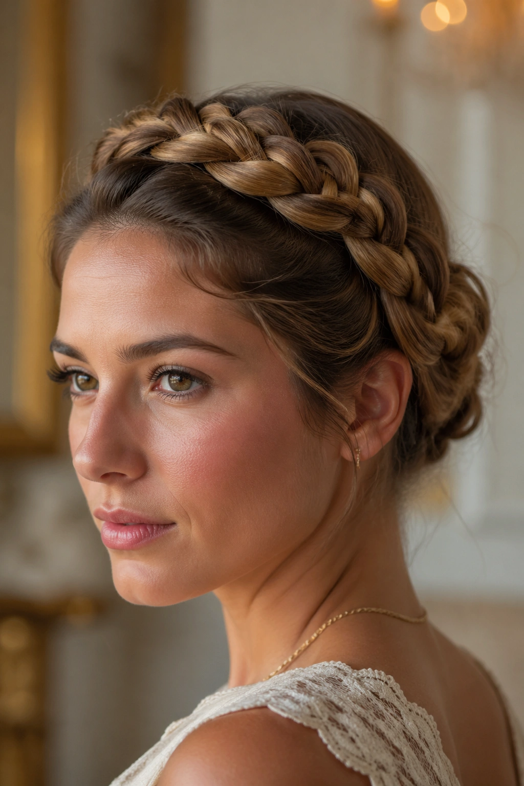 Close-up portrait of a real woman with a crown French braid around the head