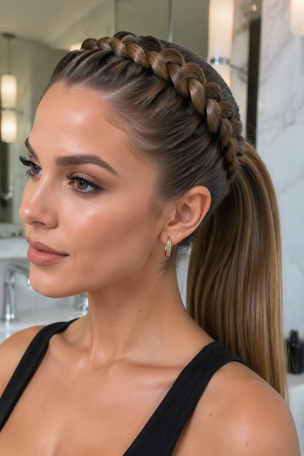 Close-up of a real woman with Crown French Braid Into a Sleek Ponytail