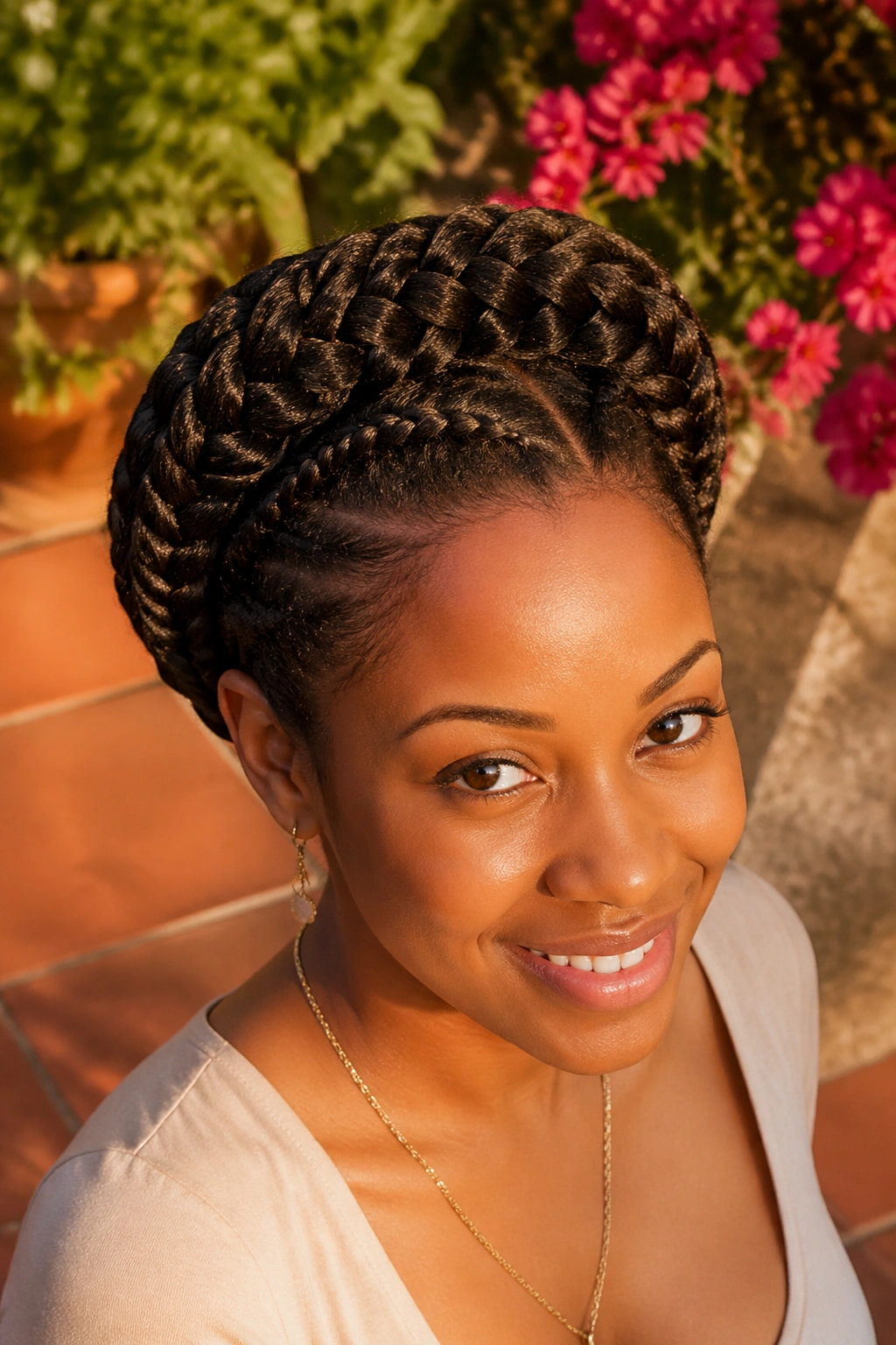 Close-up of crown goddess braids updo on a real woman