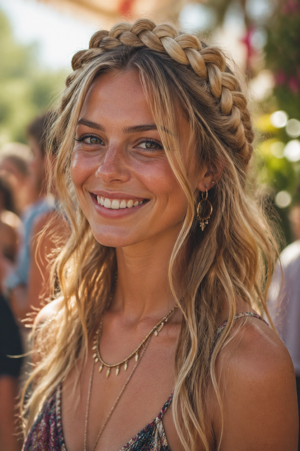 Close-up of a real woman with crown halo braid and loose waves in a festival garden