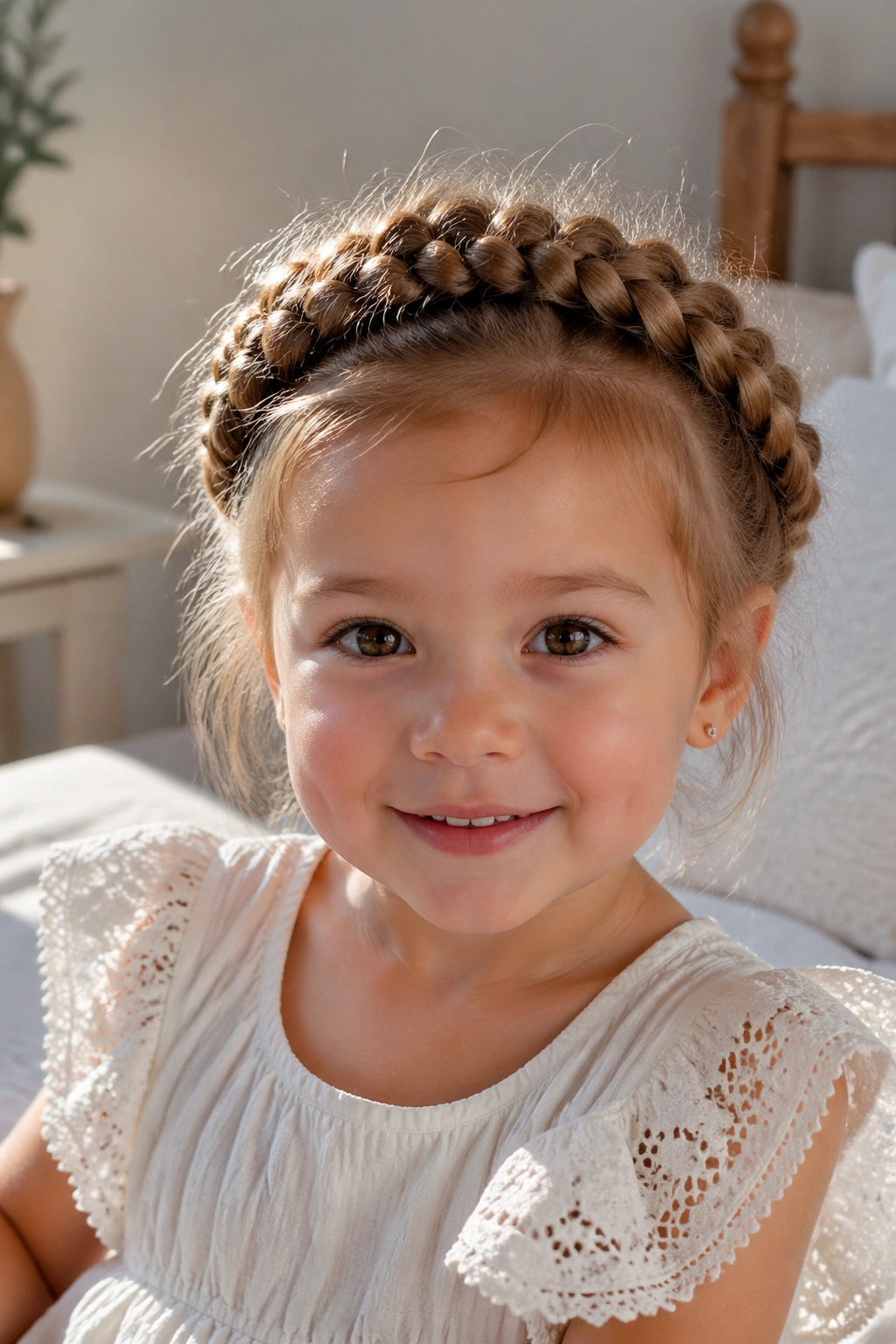 Close-up of a real toddler with a crown halo braid around the hairline