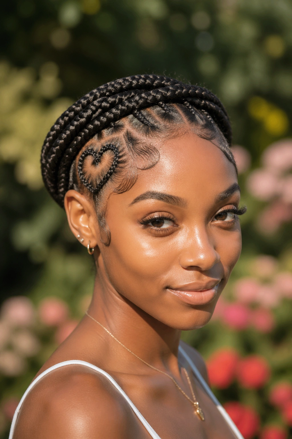 Close-up of a real person with crown halo braids and heart cutouts at the temples.