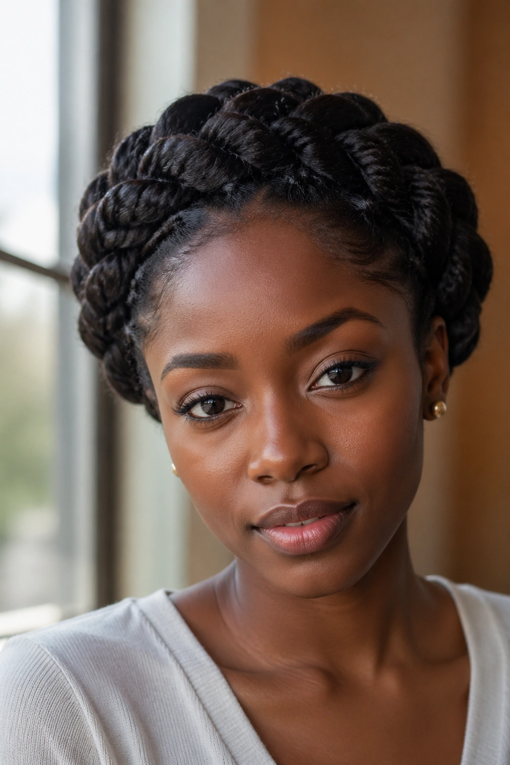 Close-up of a real person with crown halo twists framing the face in soft window light