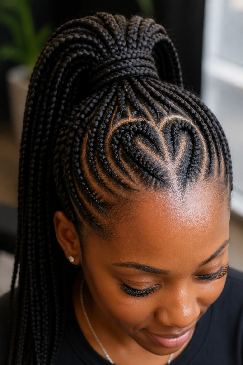 Close-up of a real woman with a crown heart braid part and high ponytail