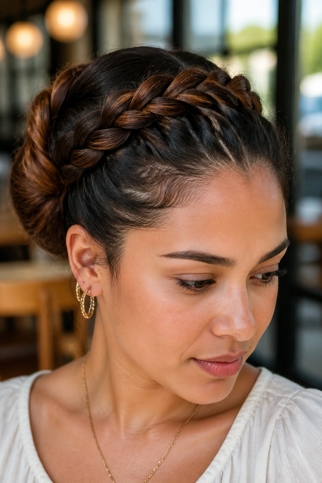 Real woman with crown lace braid bun framed by natural window light