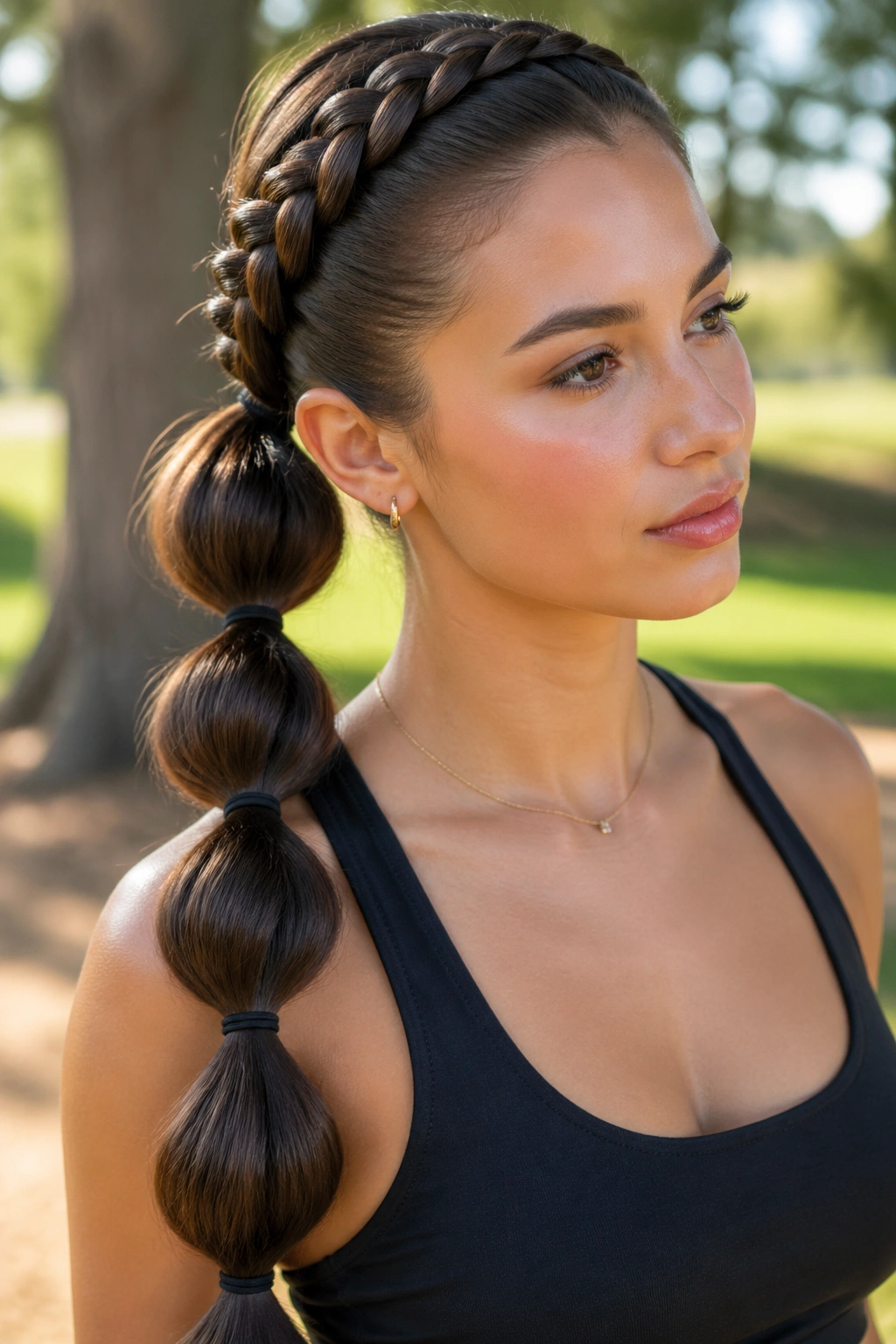 Real woman with crown lace braid and bubble ponytail
