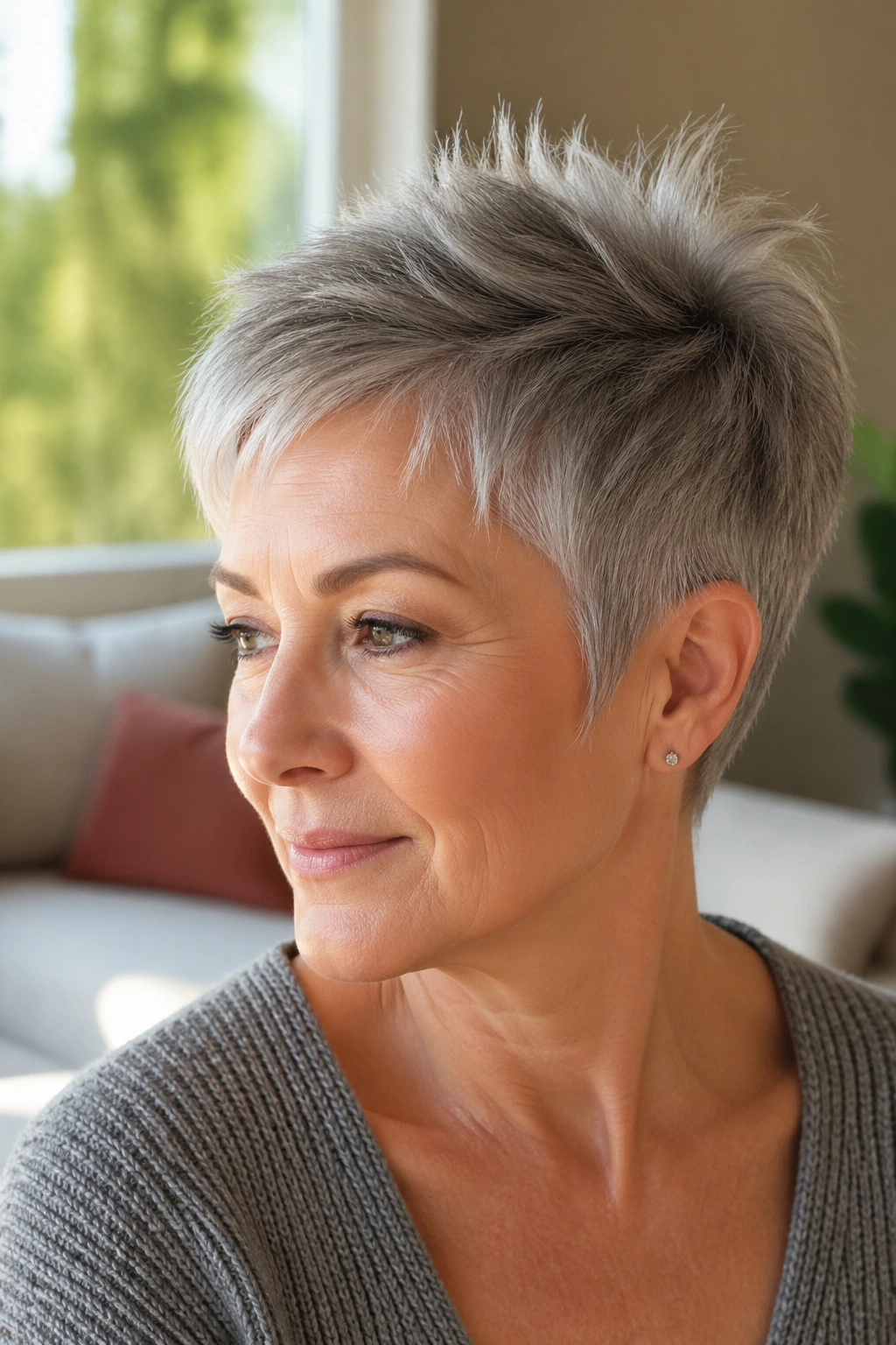Close-up of a real woman with a crown-lifted crop and wispy sides.