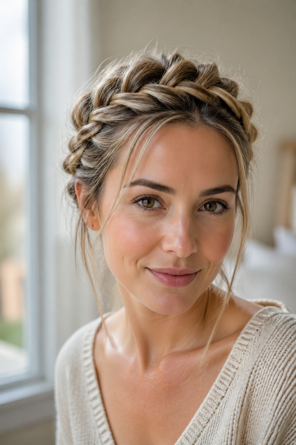 Close-up of real woman with crown-lift French braid adding height at the crown in natural window light