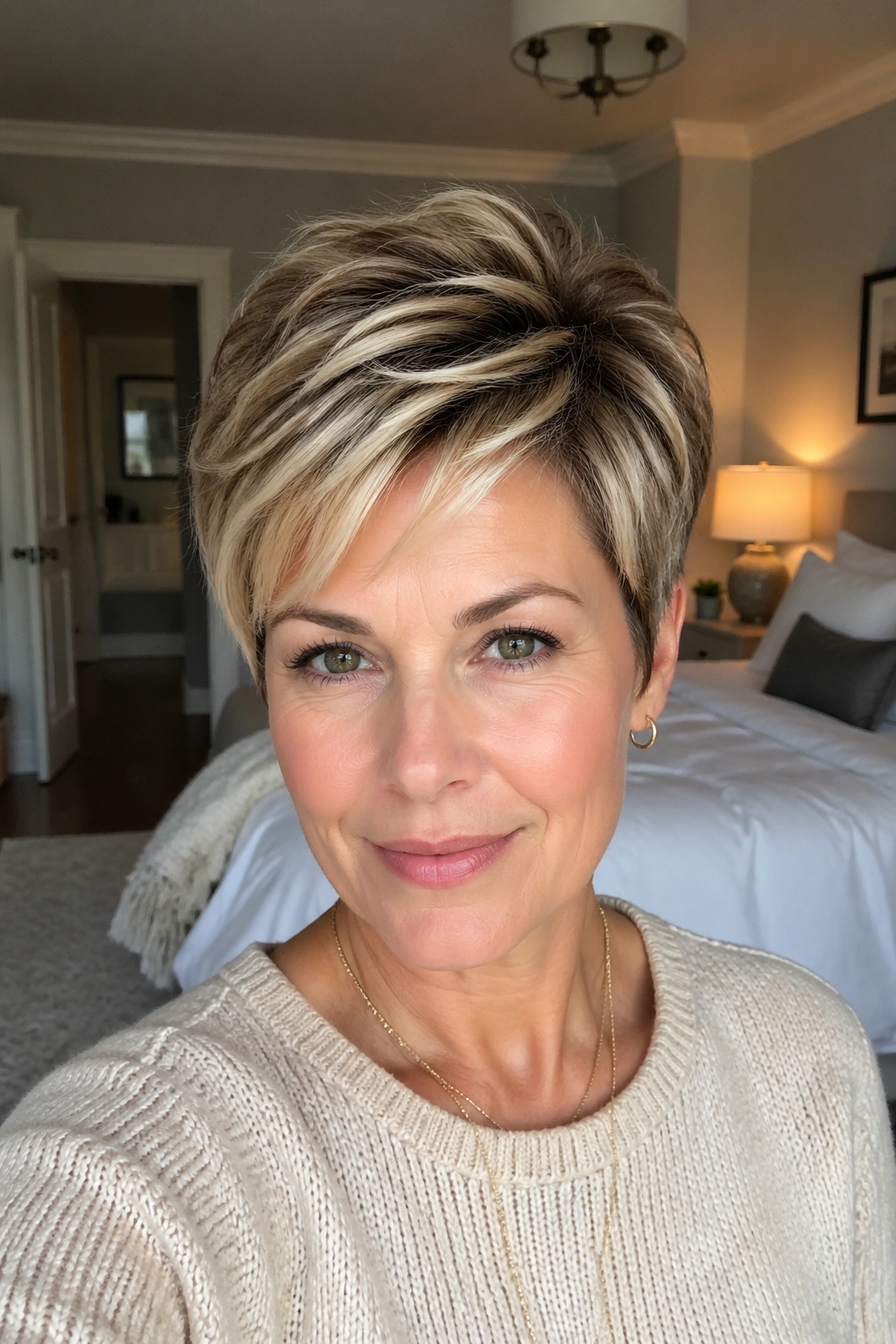 Front-facing portrait showing crown-lift pixie on a real woman with thick hair.