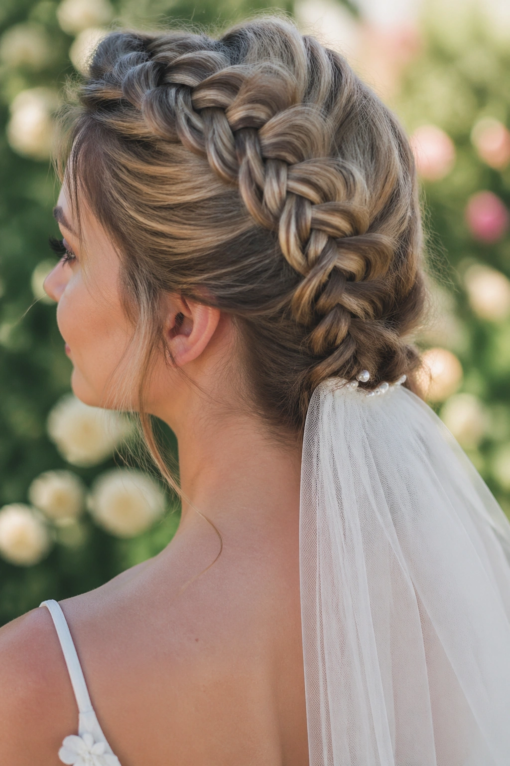 Close-up of a bride with crown-to-nape lace braid and veil anchored beneath the braid in a garden backdrop.