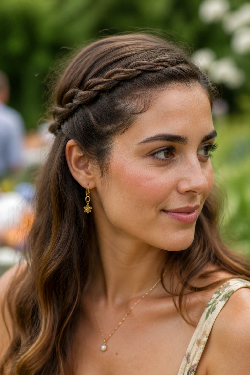 Real woman wearing a crown rope braid along the hairline