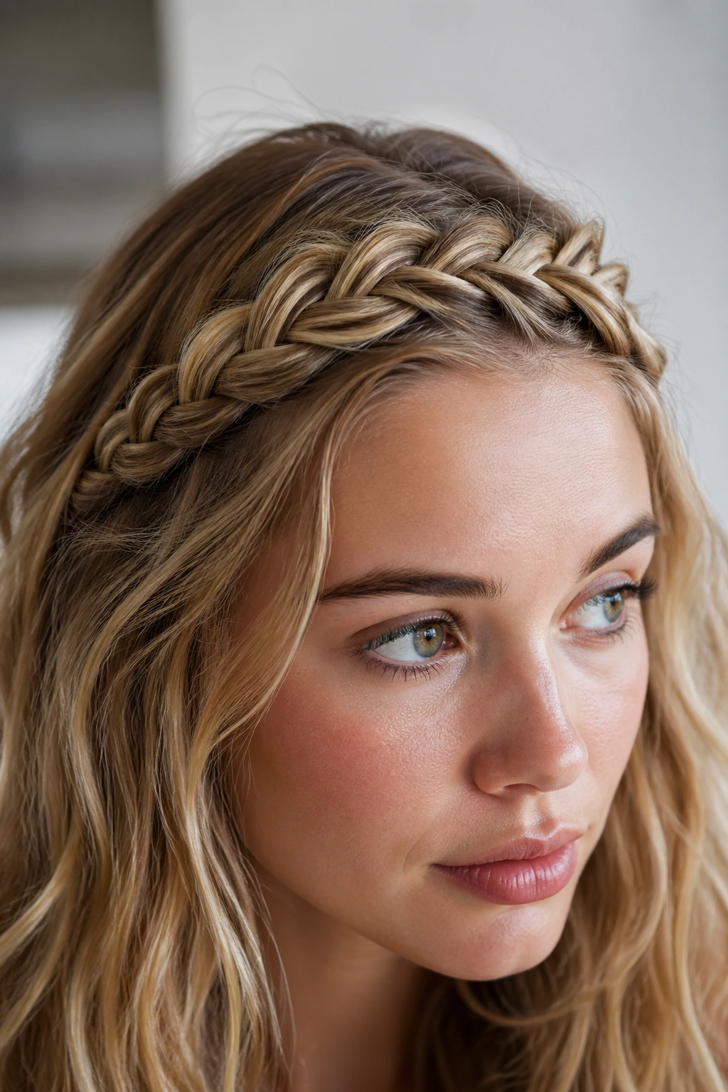 Close-up of crown rope braid around the hairline on a real woman