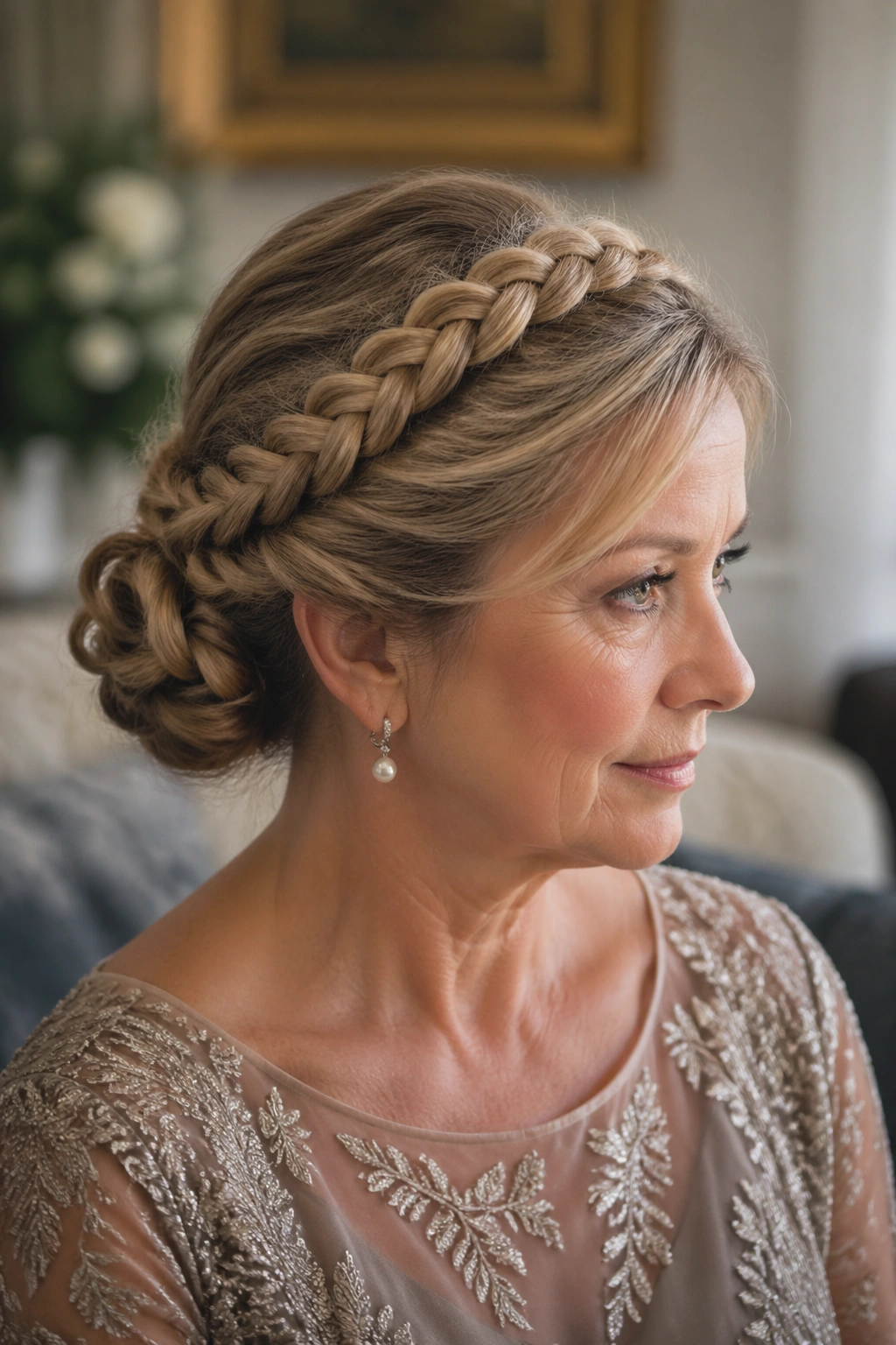 Close-up of a real woman wearing crown rope braid halo and a low bun.