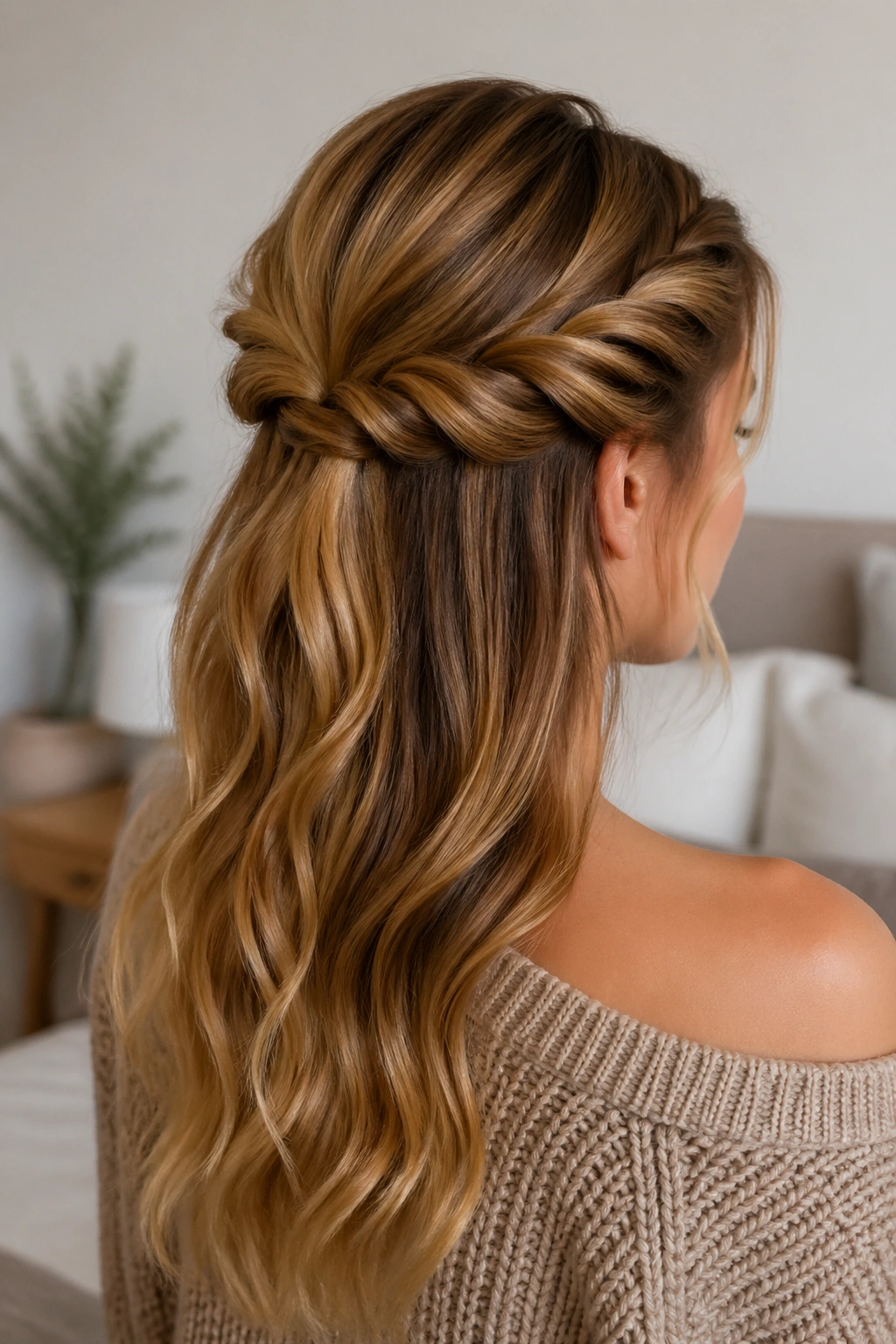 Close-up portrait of a real person with a voluminous crown rope twist at the top of the head.