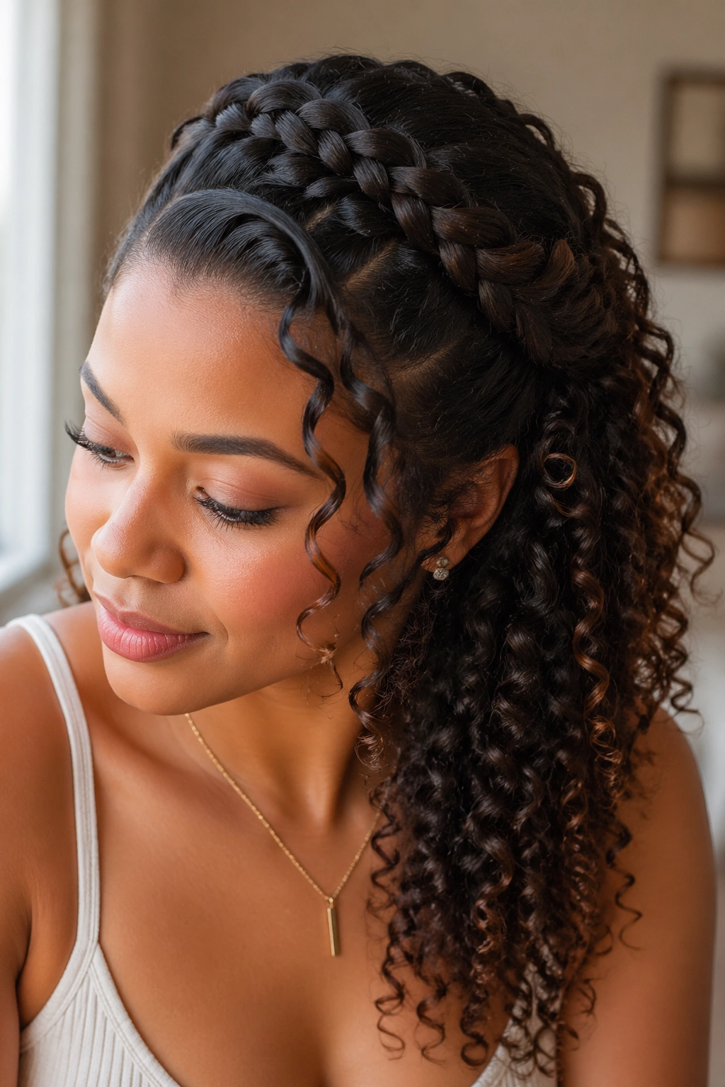 Portrait of a real woman with a crown sweep braid and curly ends