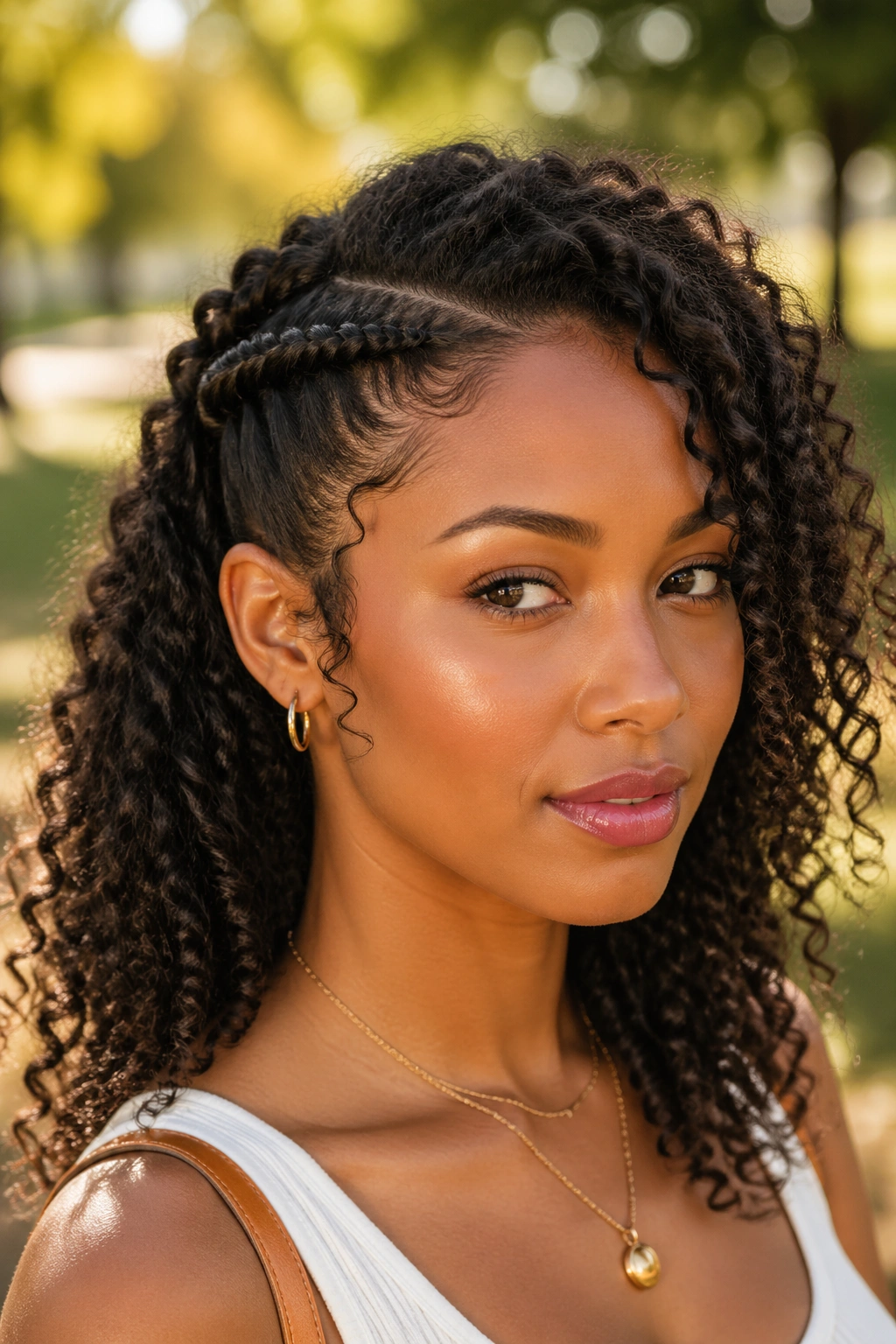 Portrait of a real woman with crown-swept rope braid starting at the temple