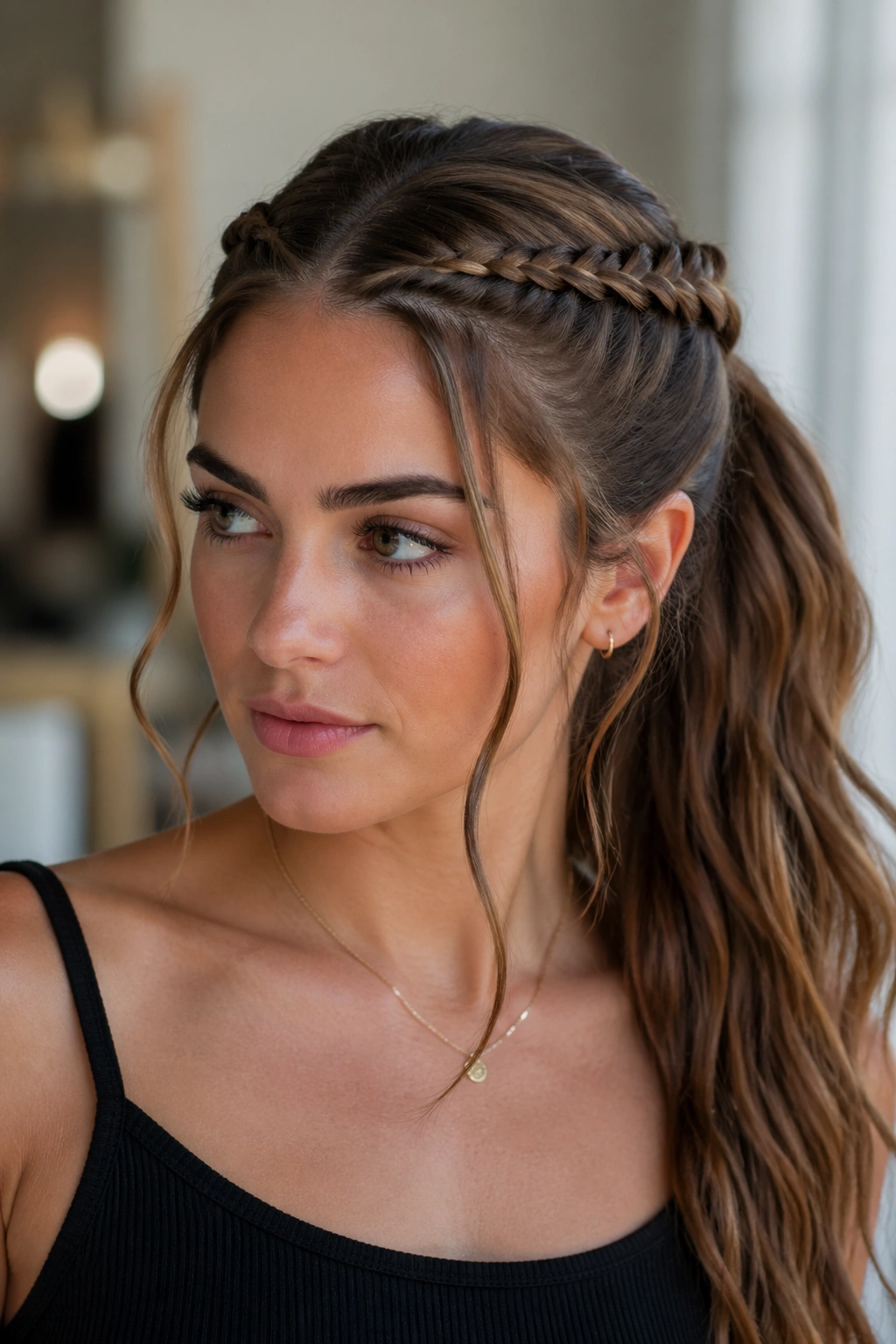 Close-up of crown-to-ponytail rope braid framing the face on a real person.