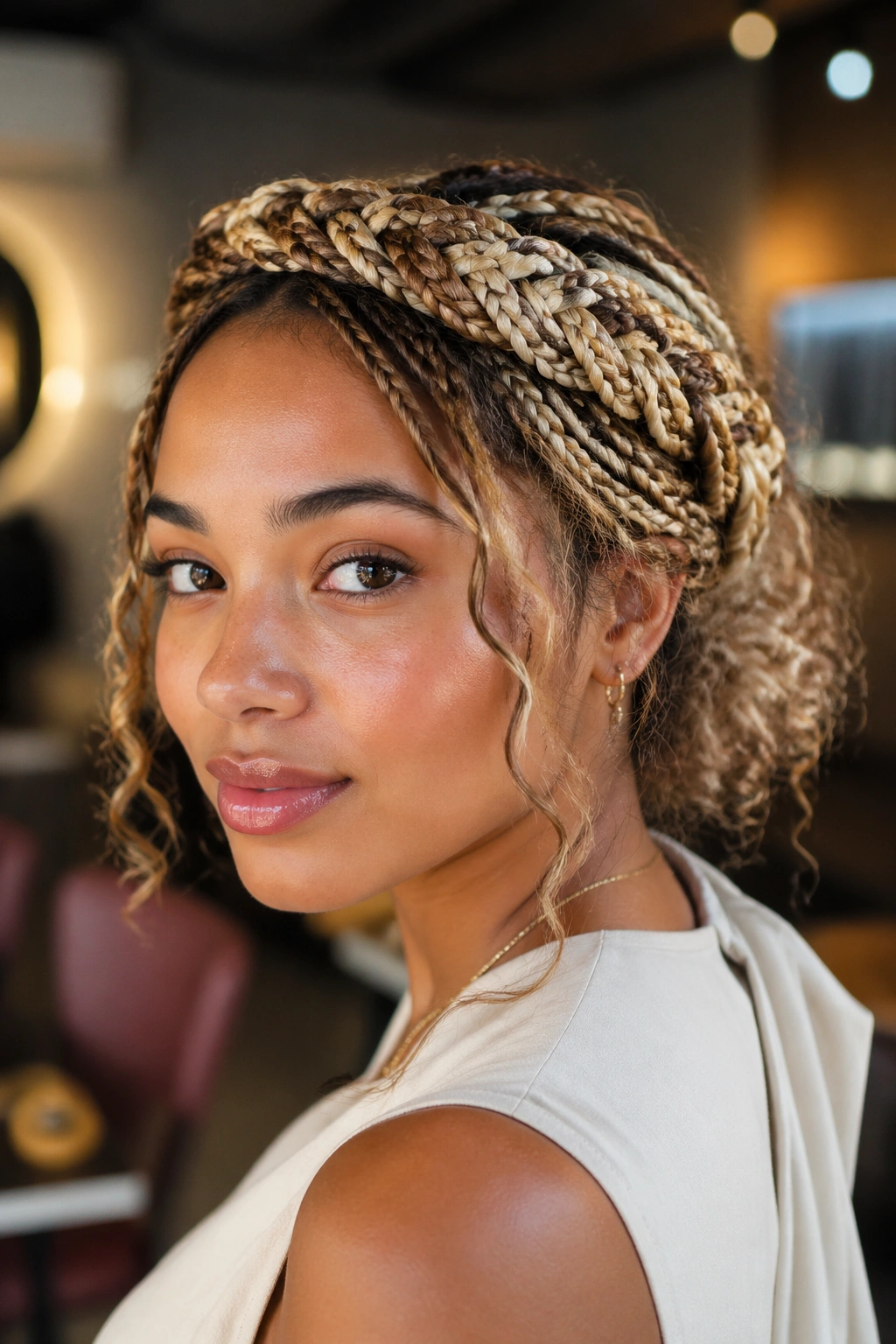 Portrait of a real woman with a braided crown and loose curls in blonde and brown tones