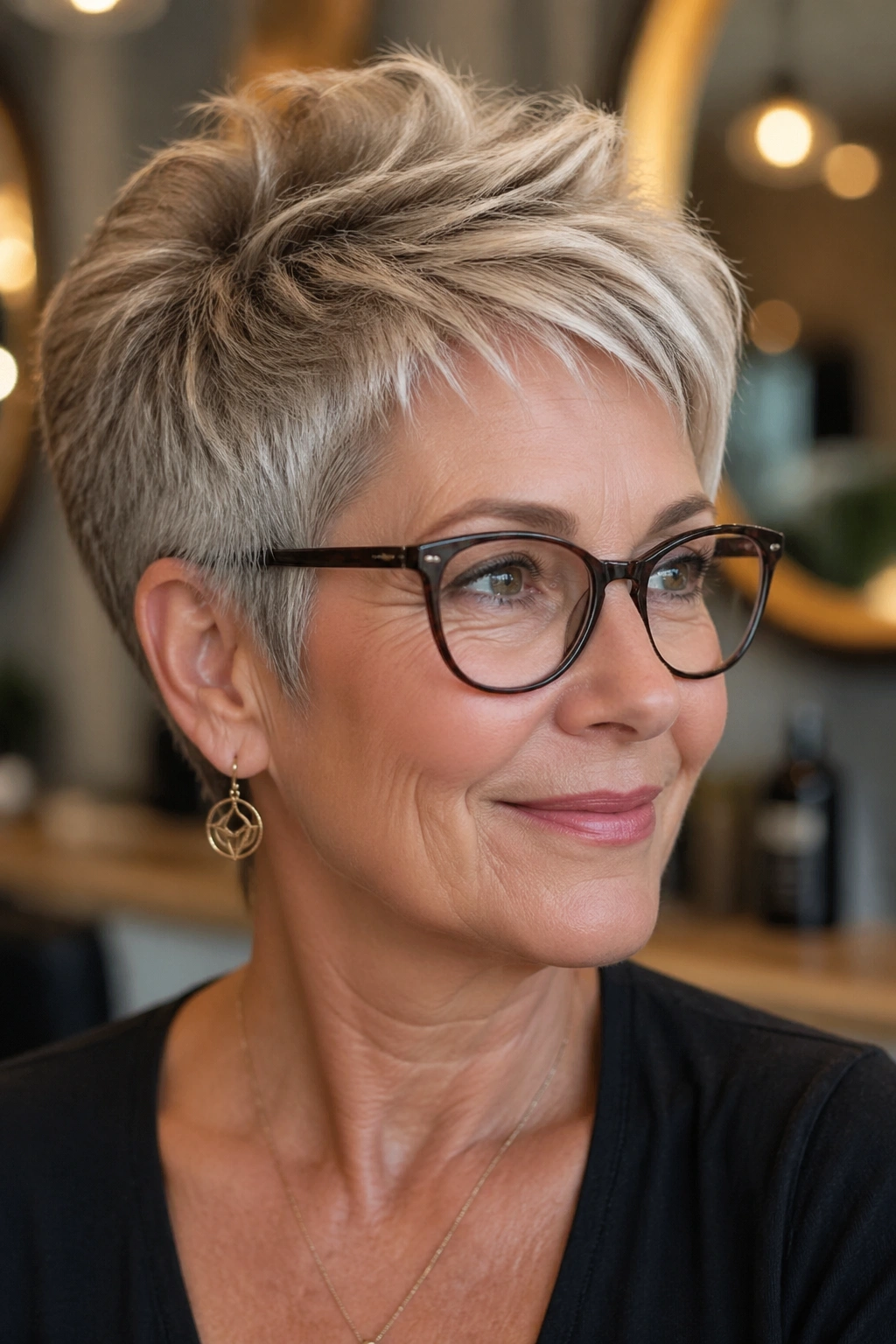 Close-up of a real woman's crown-volume pixie style in a salon setting with warm light