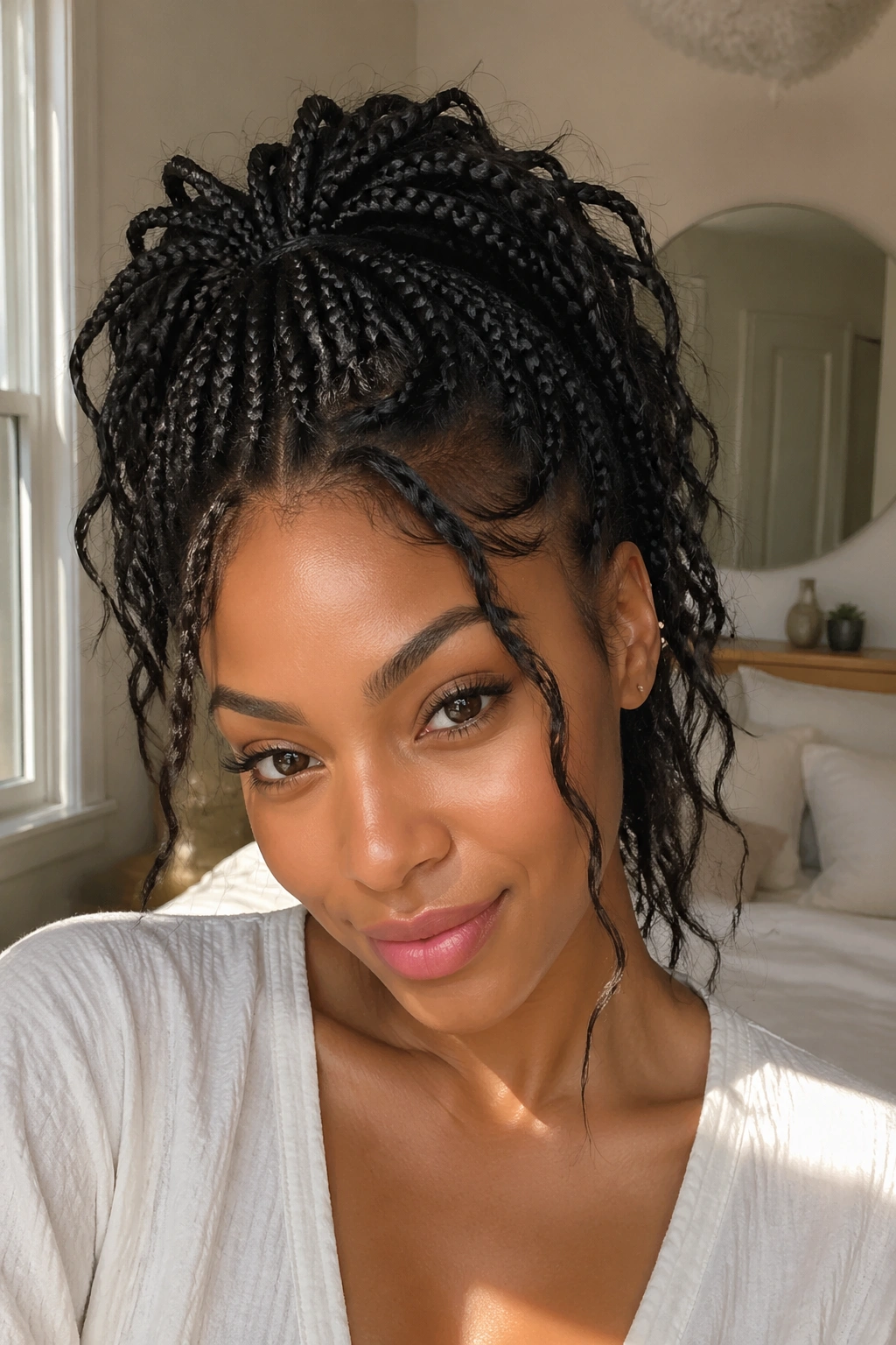 Portrait of a real woman with a crown-volume ponytail, crown lifted and relaxed texture.