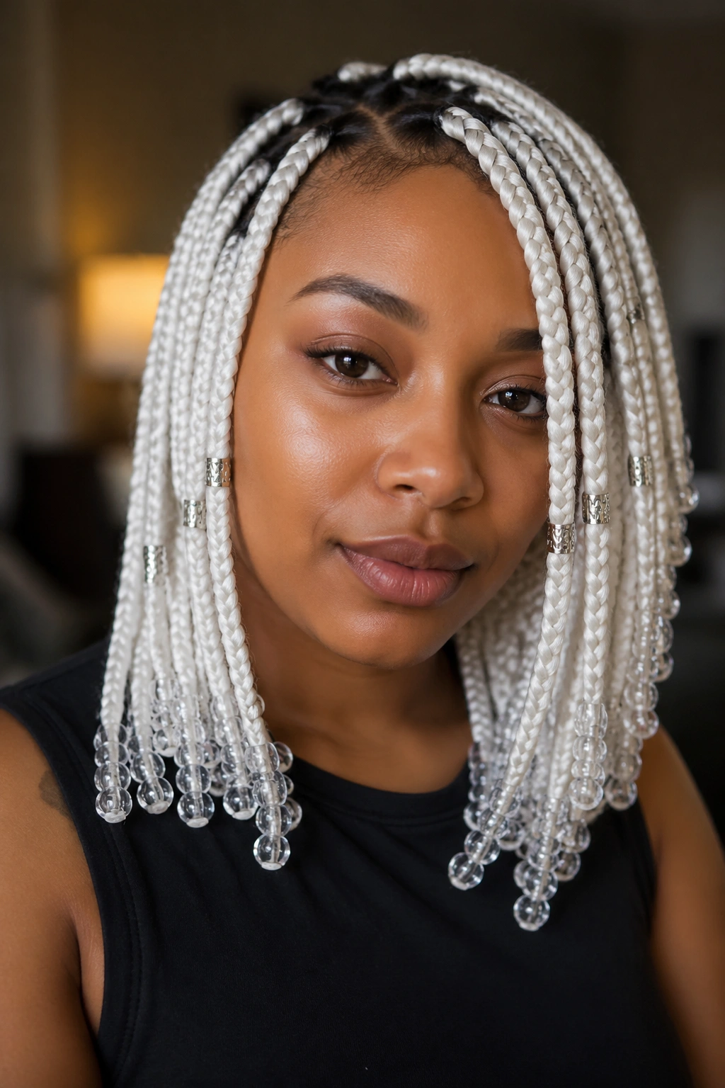 Close-up of a woman with box braids and crystal beads plus silver cuffs.