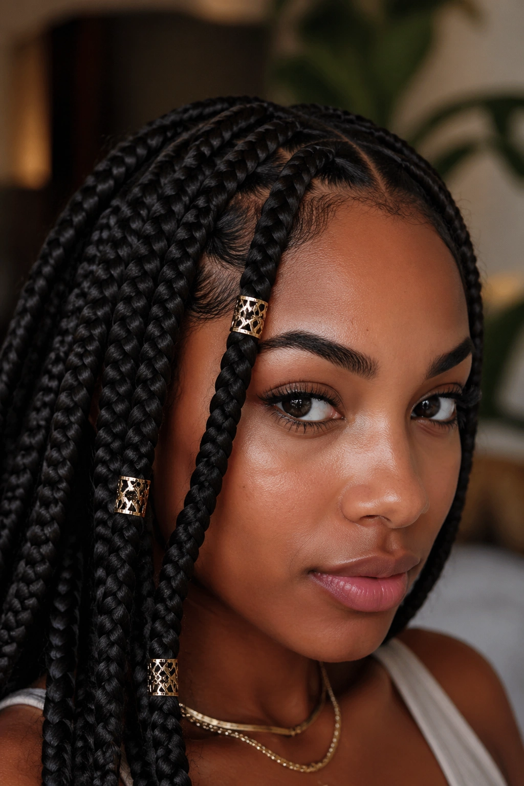 Portrait of a real person with cuffed box braids showing metal cuffs on front strands