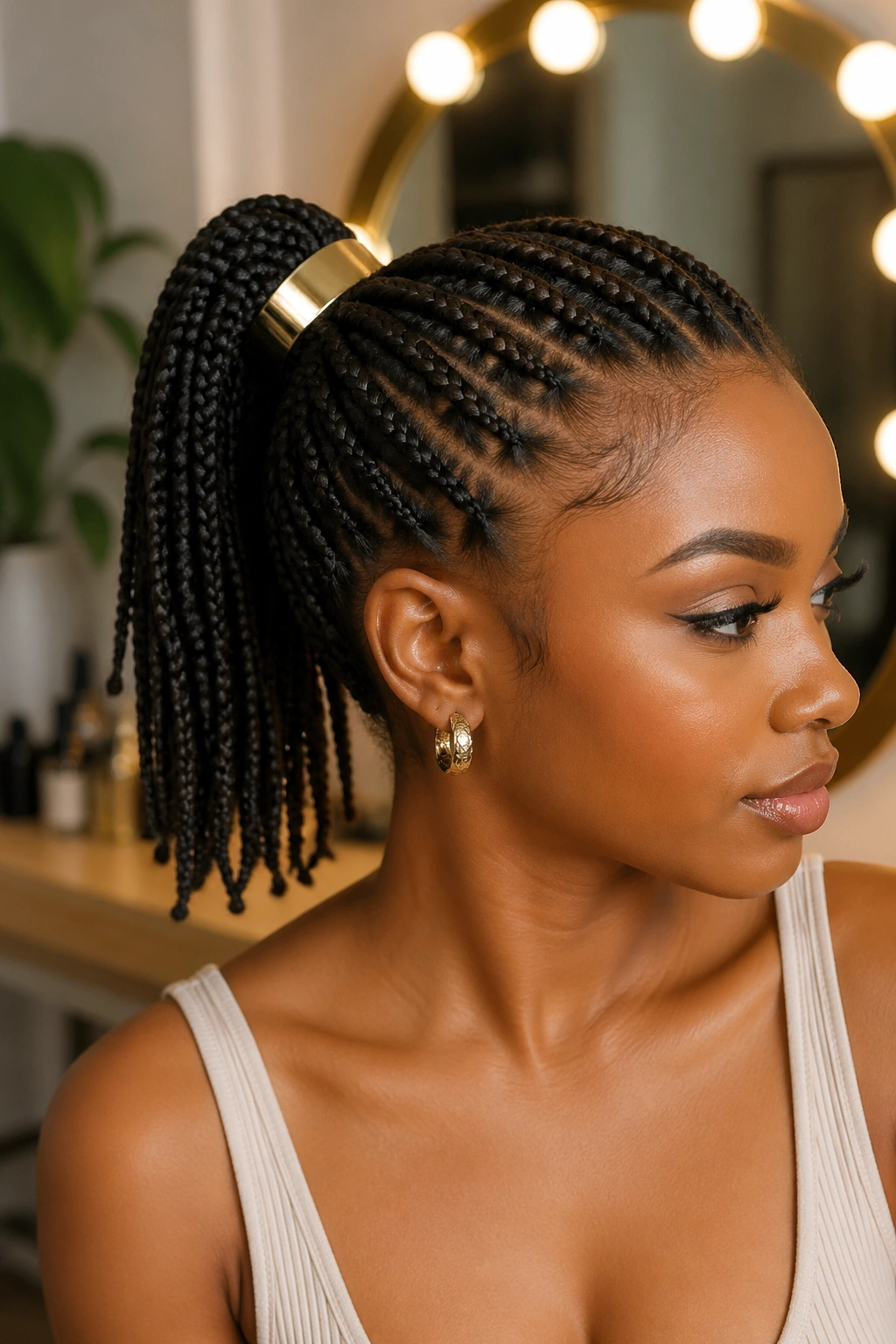 Real person wearing a ponytail with a hair cuff at the base.